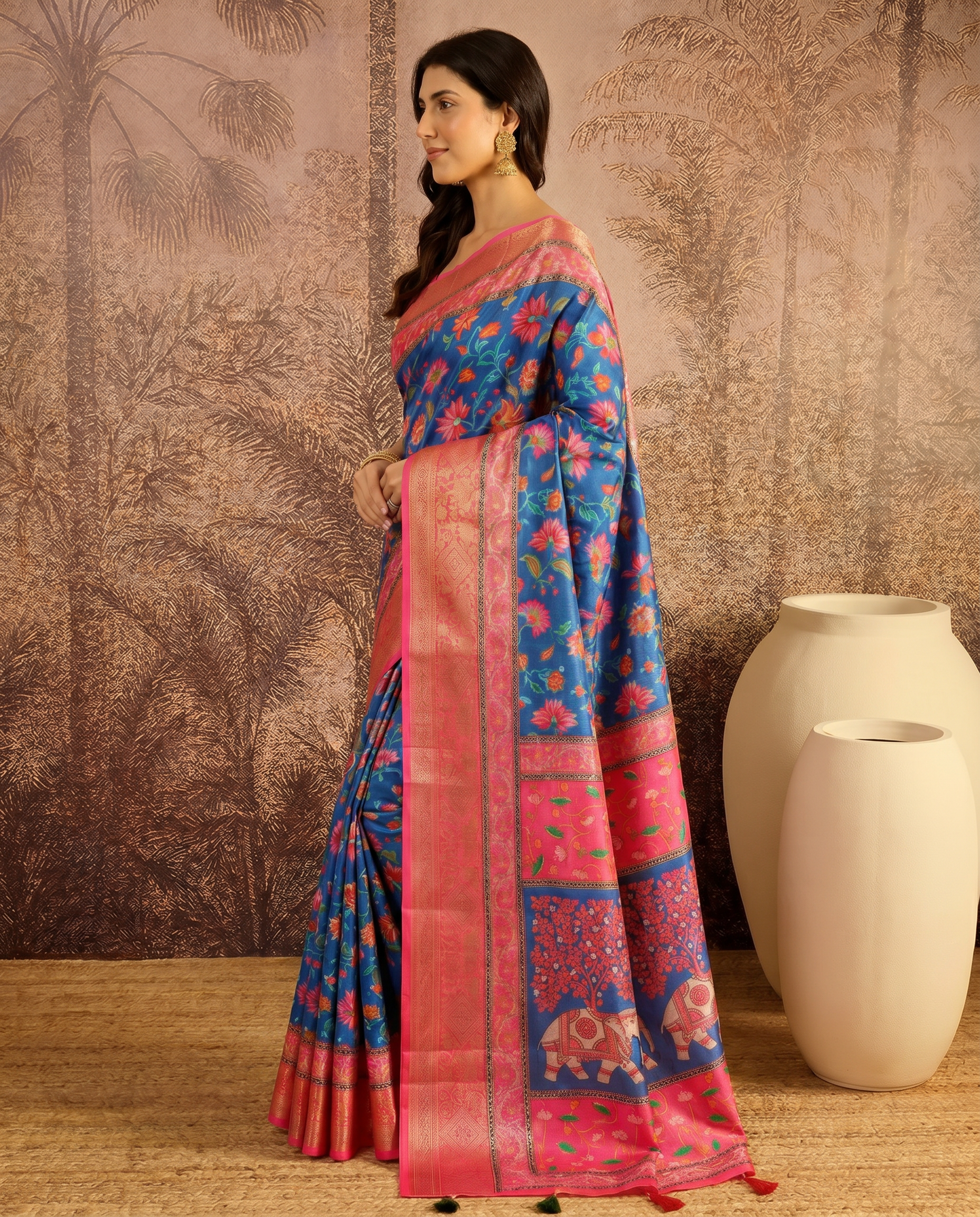 Elegant Mint Green Floral Silk Saree with Peach Border - output 3 - 03 side