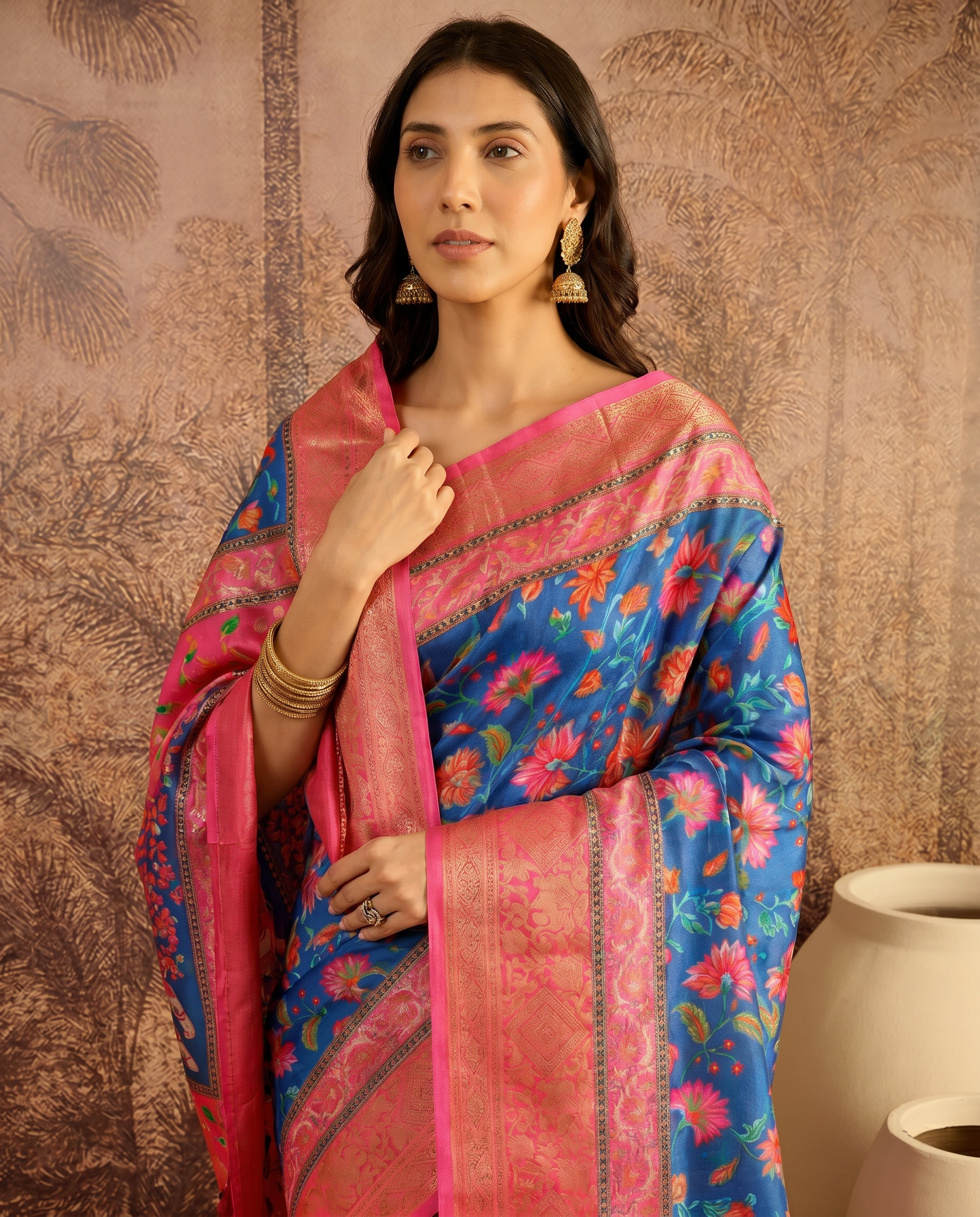 Elegant Mint Green Floral Silk Saree with Peach Border - output 3 - 04 upper closeup
