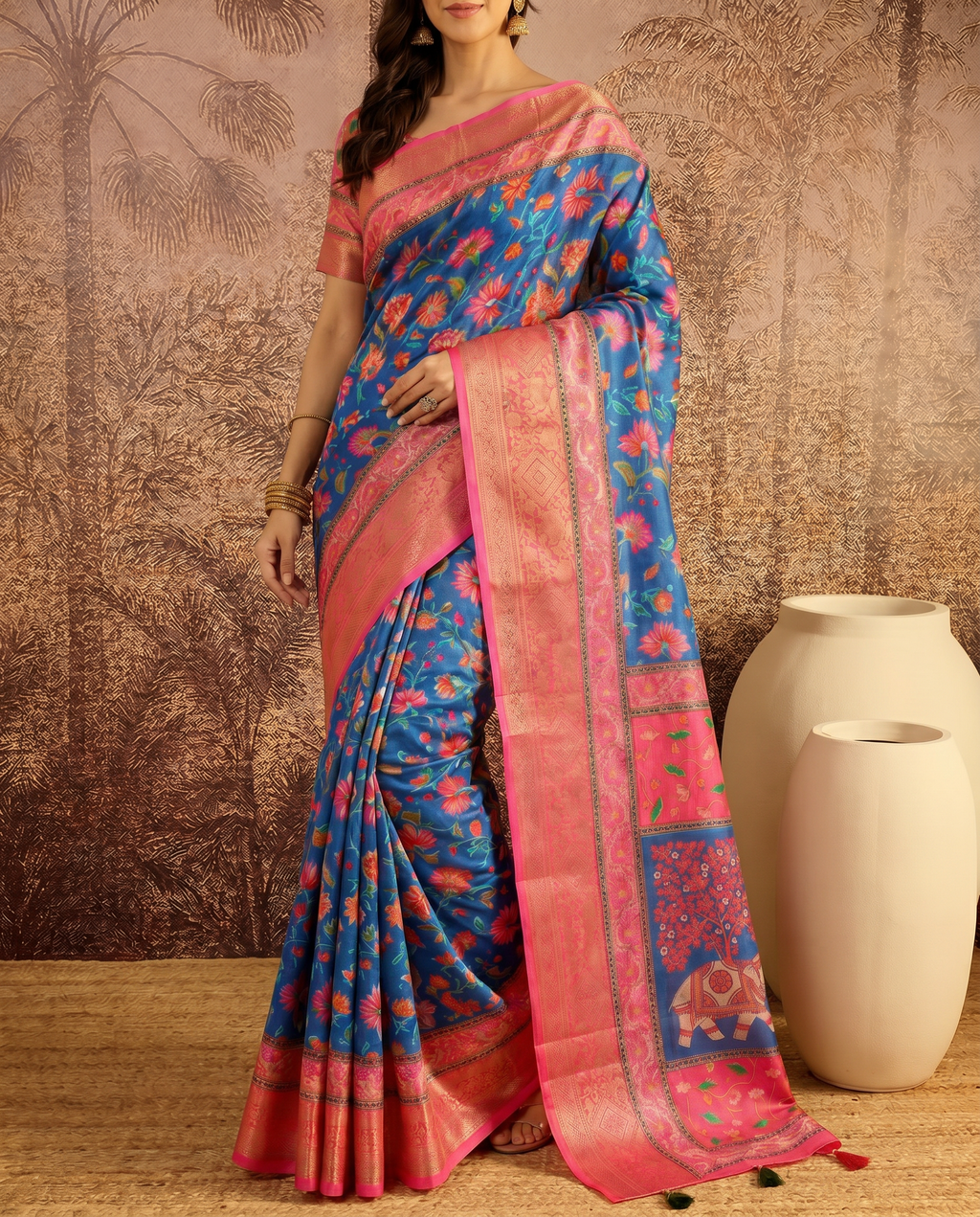 Elegant Mint Green Floral Silk Saree with Peach Border - output 3 - 05 lower closeup