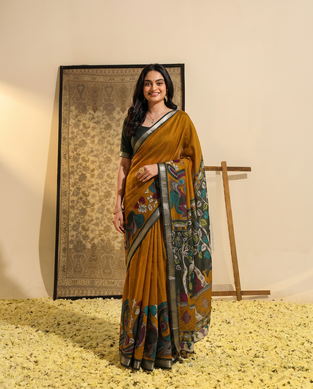 Elegant Mustard & Forest Green Kalamkari Style Printed Saree with Artistic Pallu - output 0 - 02 hero