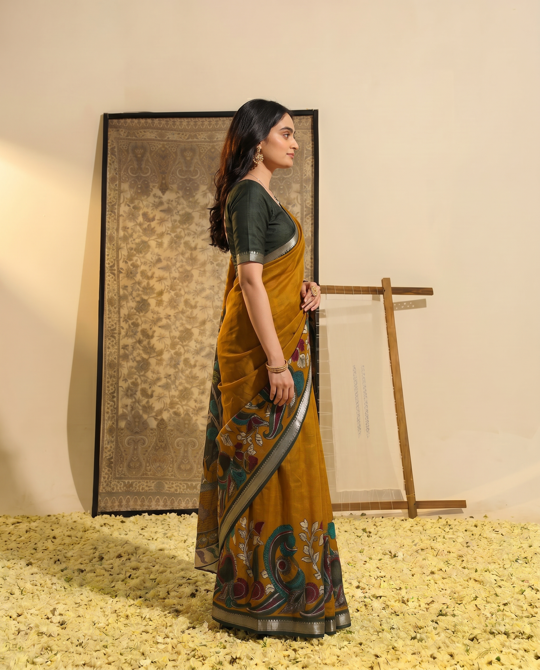 Elegant Mustard & Forest Green Kalamkari Style Printed Saree with Artistic Pallu - output 0 - 03 side