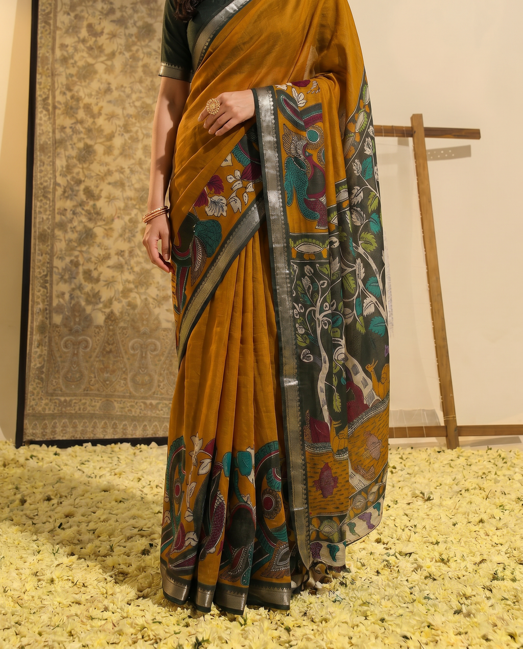 Elegant Mustard & Forest Green Kalamkari Style Printed Saree with Artistic Pallu - output 0 - 05 lower closeup