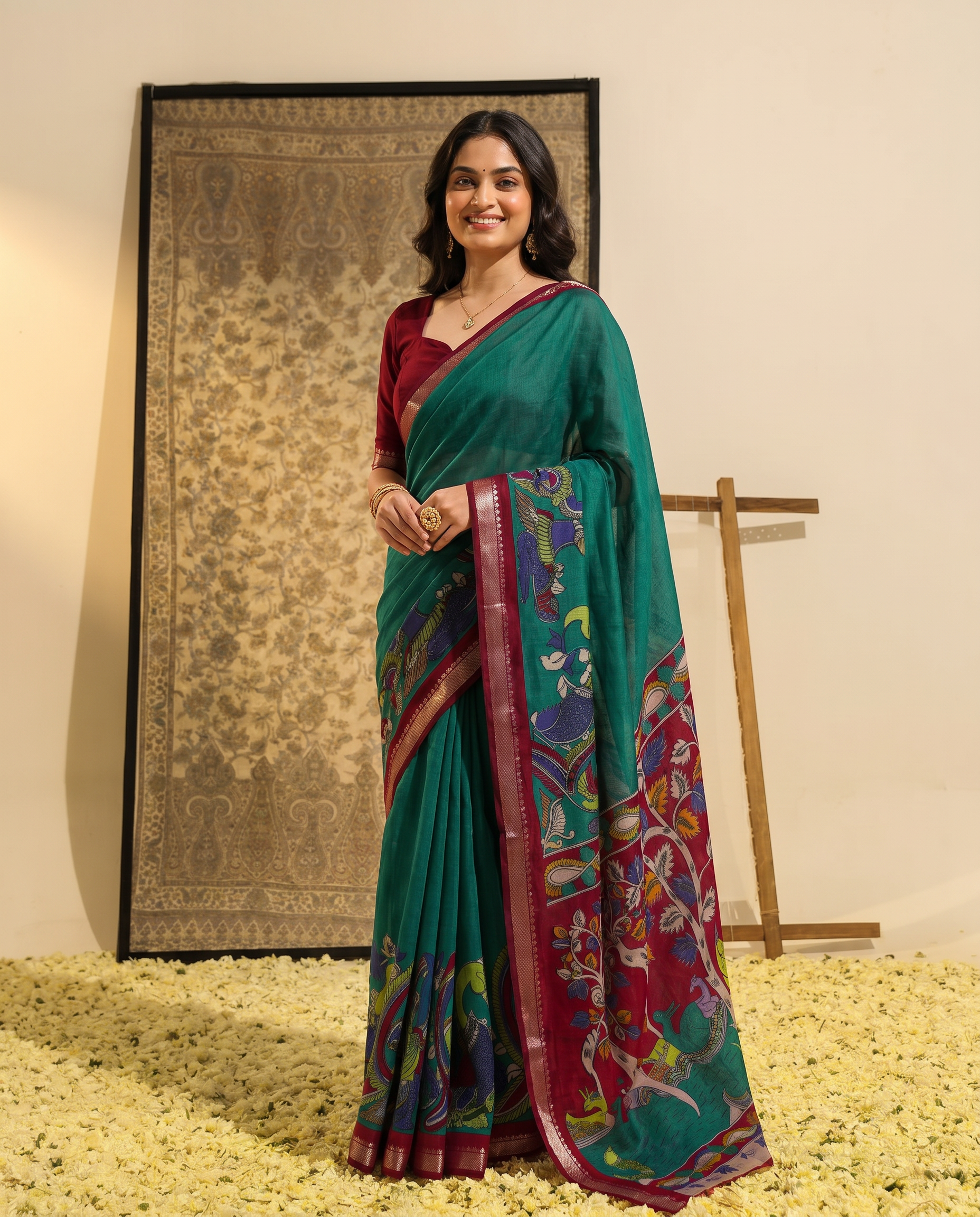 Elegant Mustard & Forest Green Kalamkari Style Printed Saree with Artistic Pallu - output 1 - 02 hero