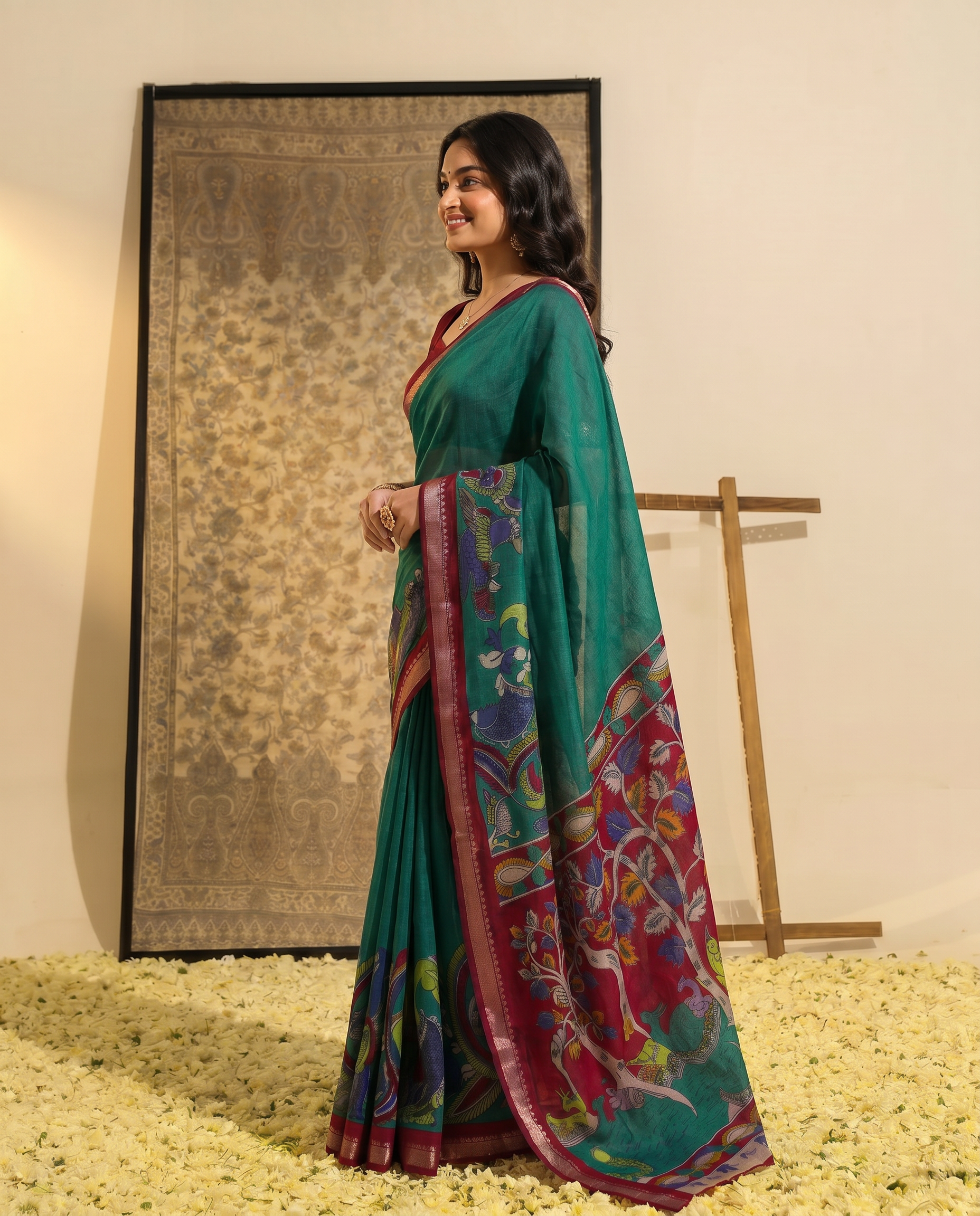 Elegant Mustard & Forest Green Kalamkari Style Printed Saree with Artistic Pallu - output 1 - 03 side