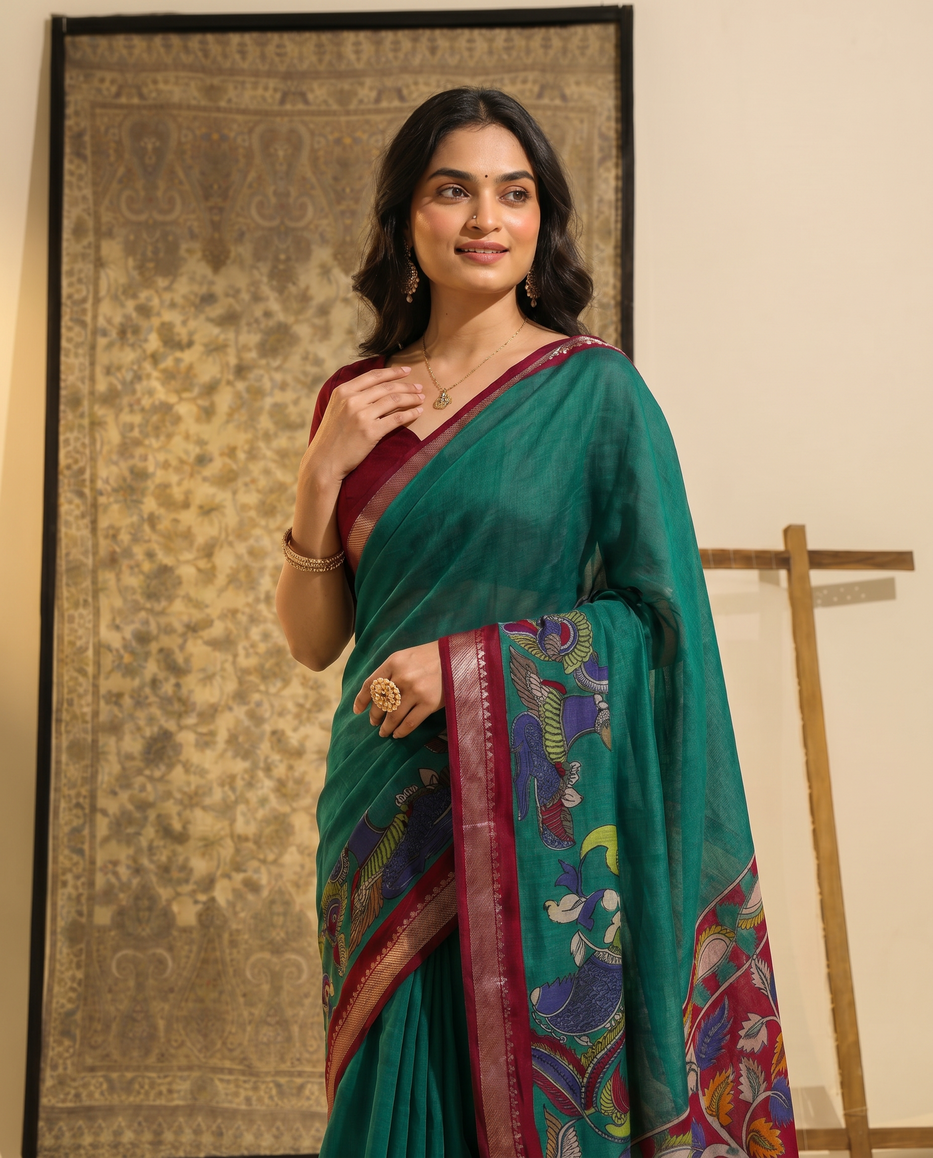 Elegant Mustard & Forest Green Kalamkari Style Printed Saree with Artistic Pallu - output 1 - 04 upper closeup