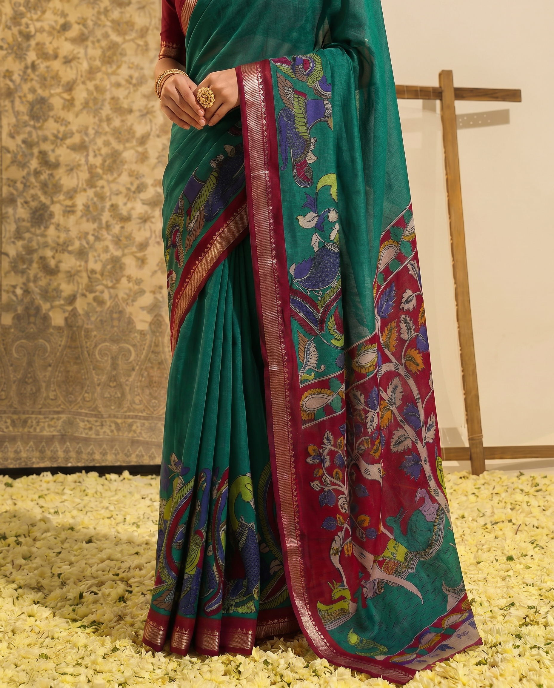 Elegant Mustard & Forest Green Kalamkari Style Printed Saree with Artistic Pallu - output 1 - 05 lower closeup
