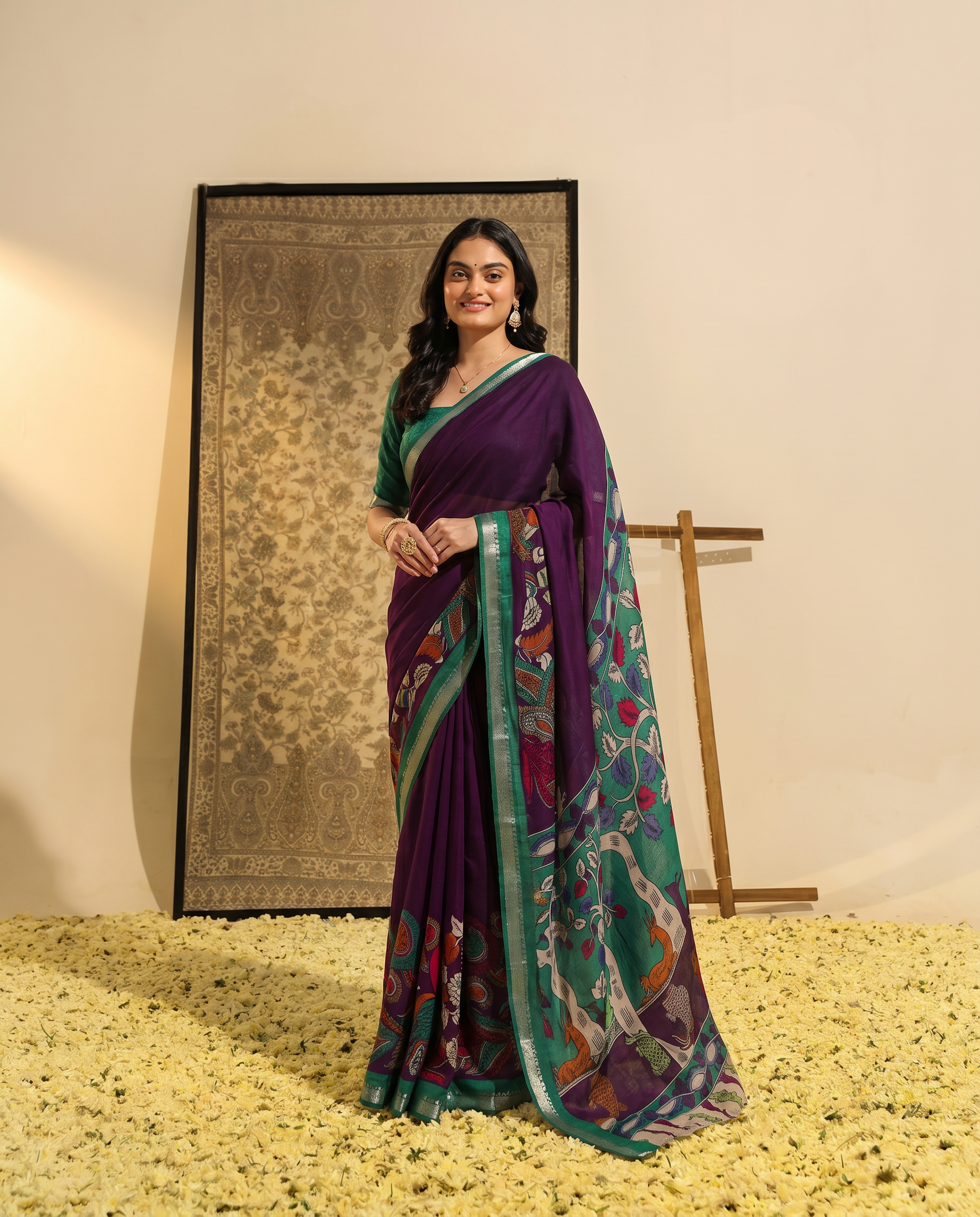 Elegant Mustard & Forest Green Kalamkari Style Printed Saree with Artistic Pallu - output 2 - 02 hero