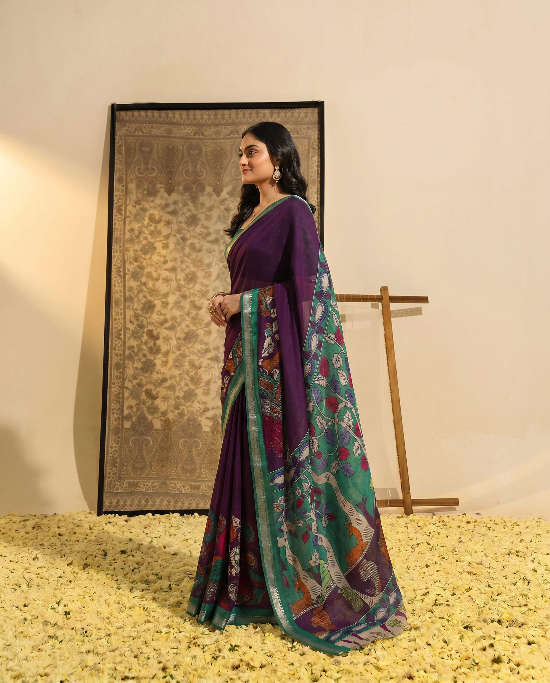 Elegant Mustard & Forest Green Kalamkari Style Printed Saree with Artistic Pallu - output 2 - 03 side