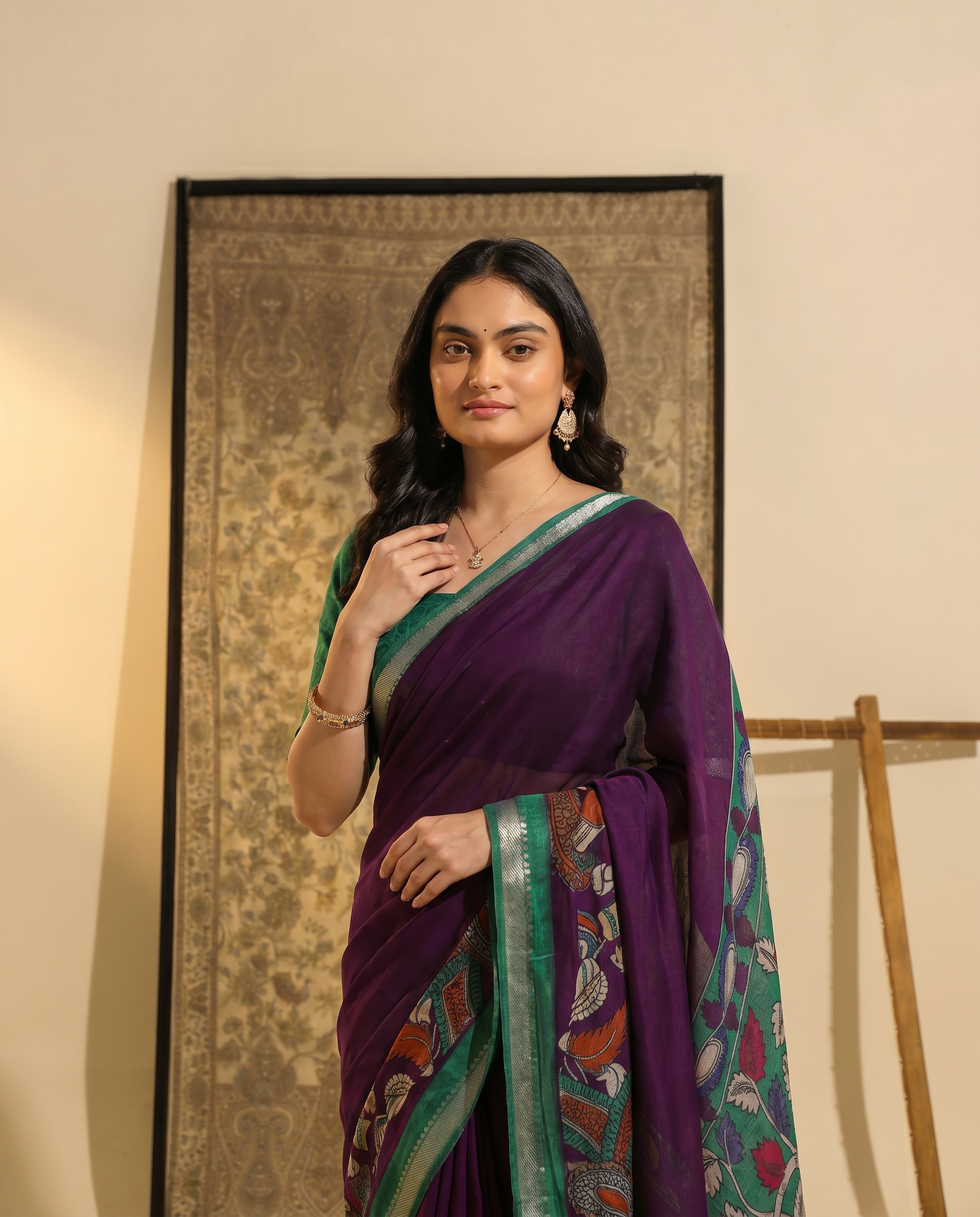 Elegant Mustard & Forest Green Kalamkari Style Printed Saree with Artistic Pallu - output 2 - 04 upper closeup