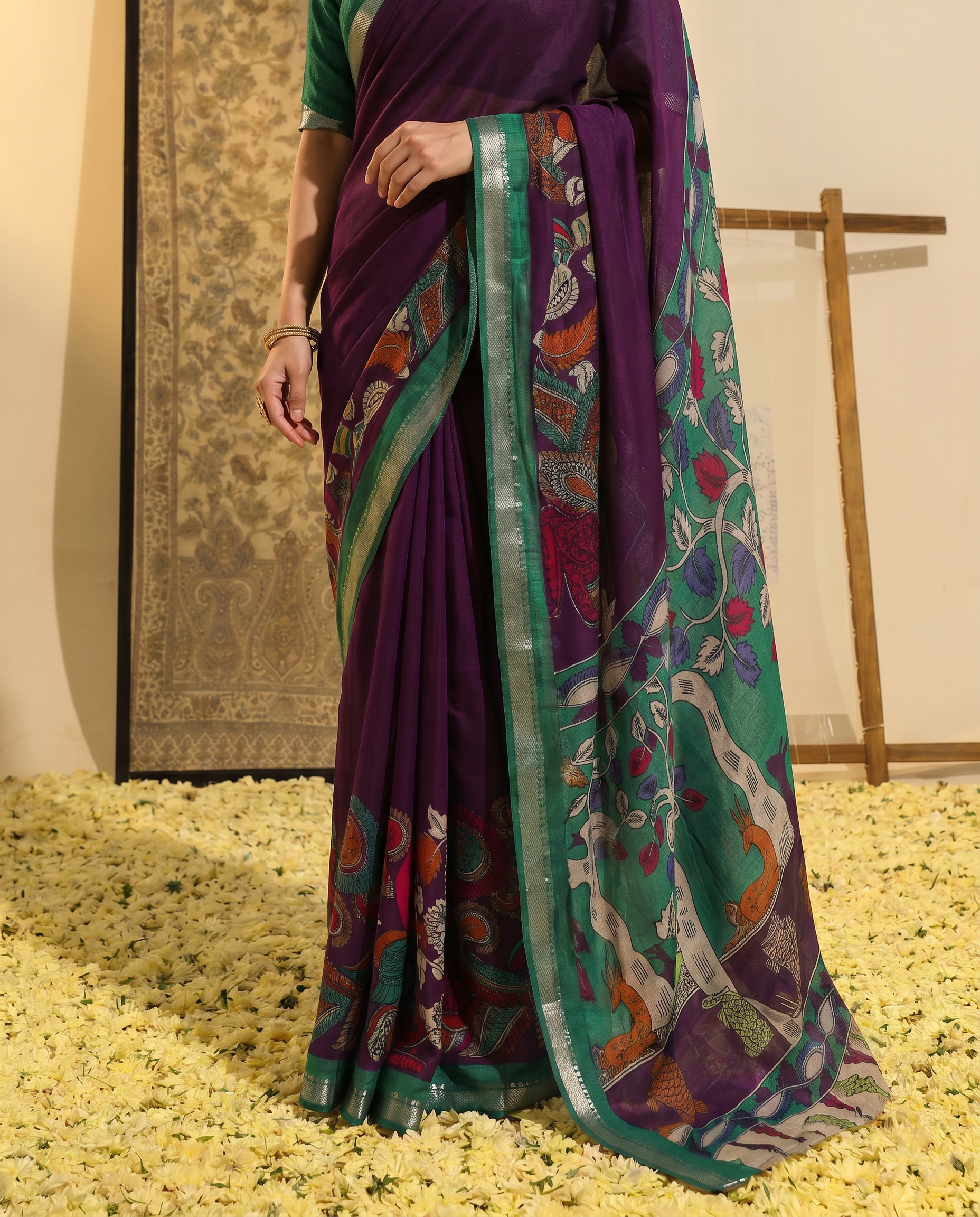 Elegant Mustard & Forest Green Kalamkari Style Printed Saree with Artistic Pallu - output 2 - 05 lower closeup