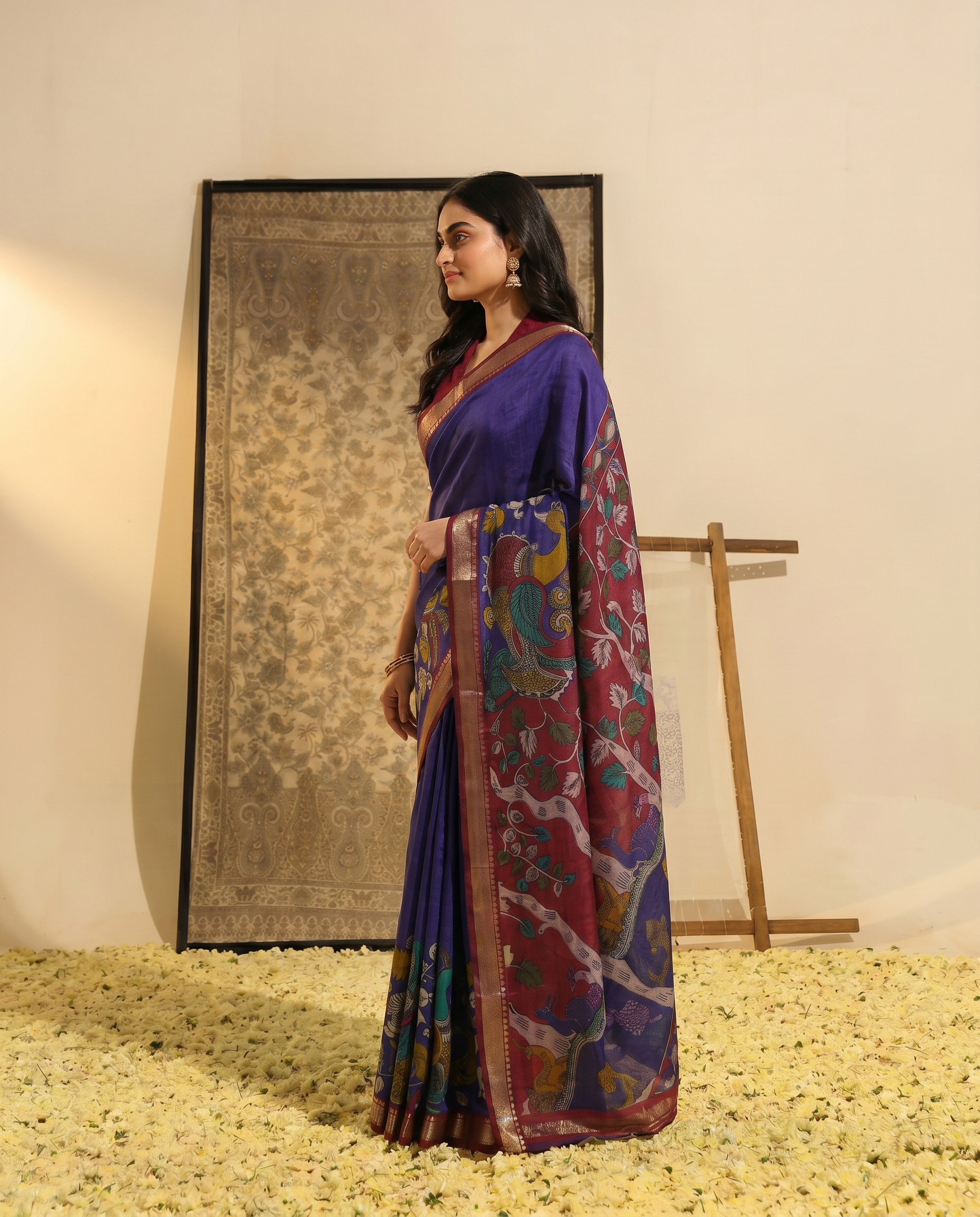 Elegant Mustard & Forest Green Kalamkari Style Printed Saree with Artistic Pallu - output 3 - 03 side