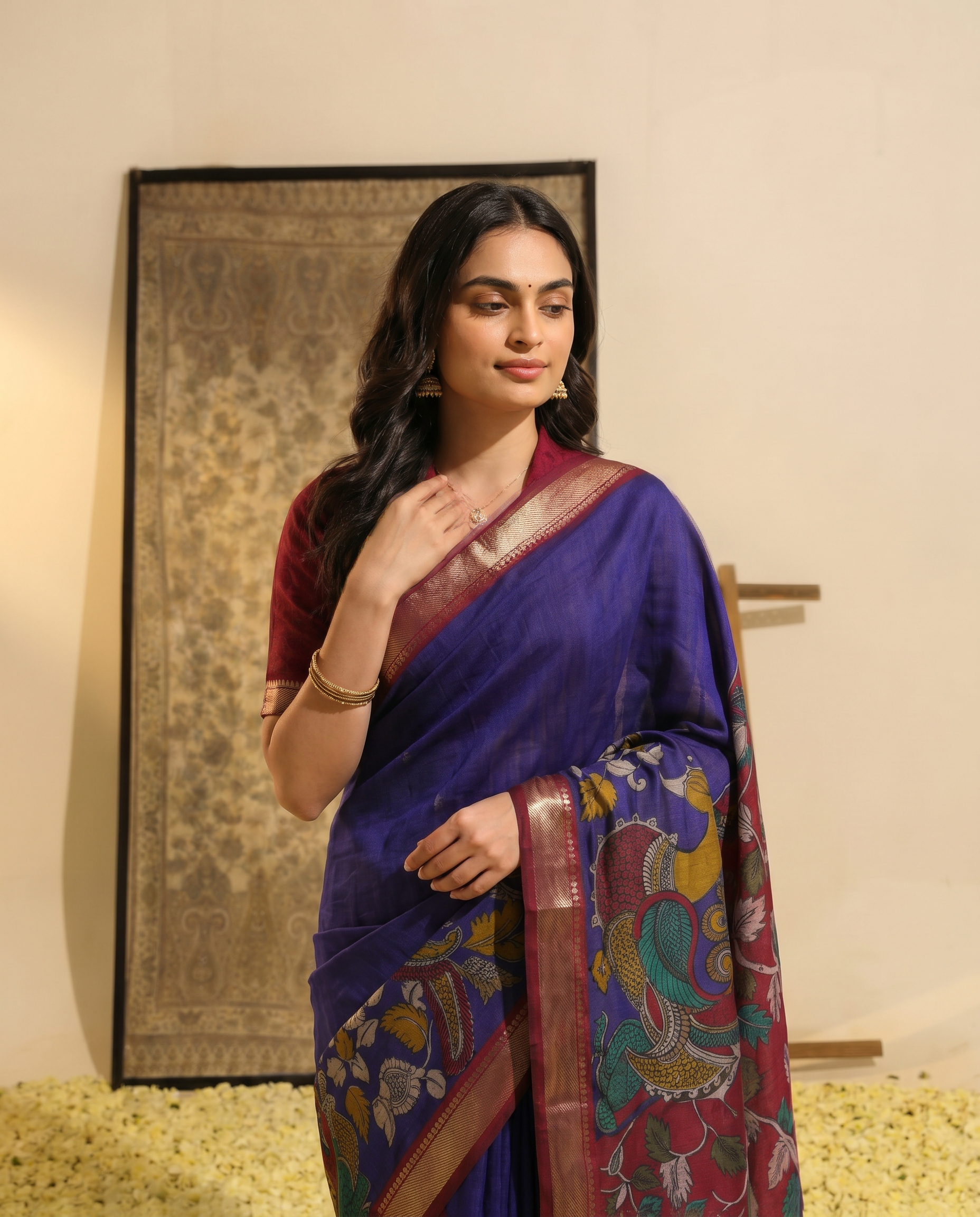 Elegant Mustard & Forest Green Kalamkari Style Printed Saree with Artistic Pallu - output 3 - 04 upper closeup