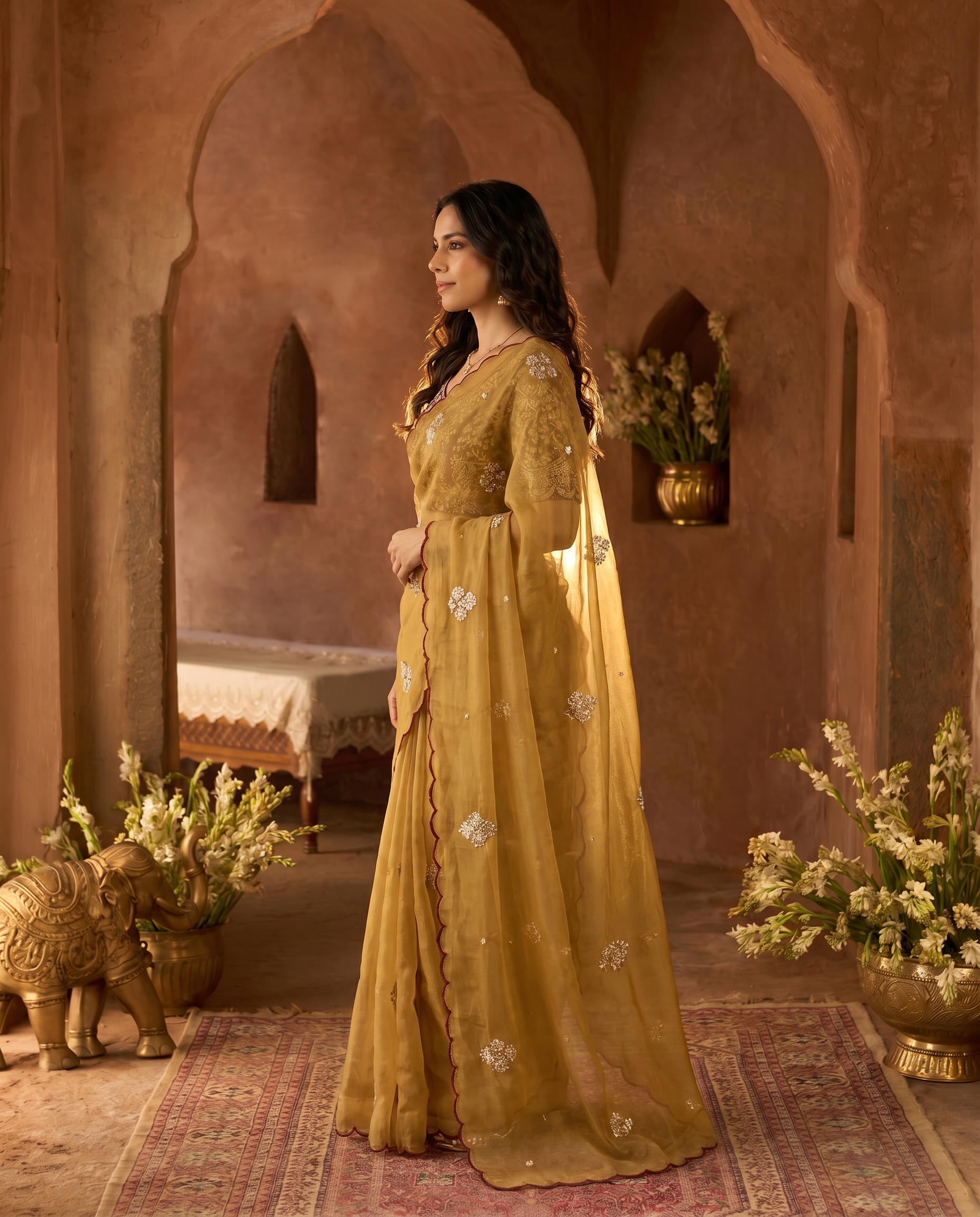 Elegant Mustard Rangoli Tissue Saree with Multi Embroidery Work - output 0 - 03 side