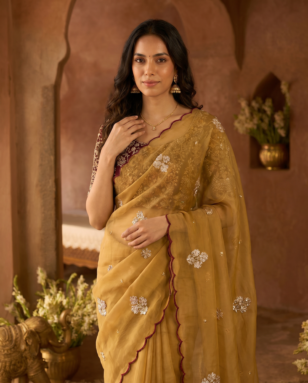 Elegant Mustard Rangoli Tissue Saree with Multi Embroidery Work - output 0 - 04 upper closeup
