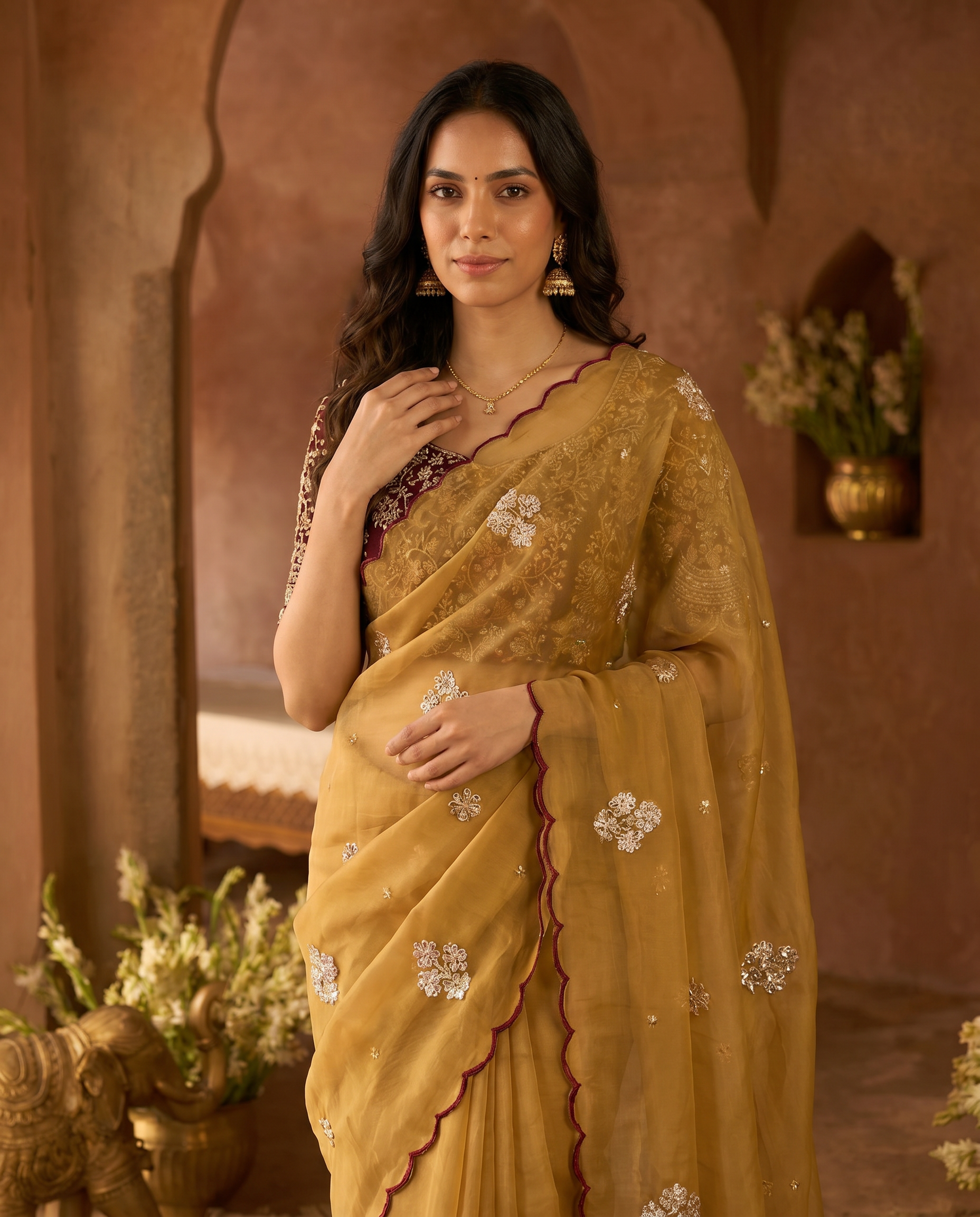Elegant Mustard Rangoli Tissue Saree with Multi Embroidery Work - output 0 - 04 upper closeup