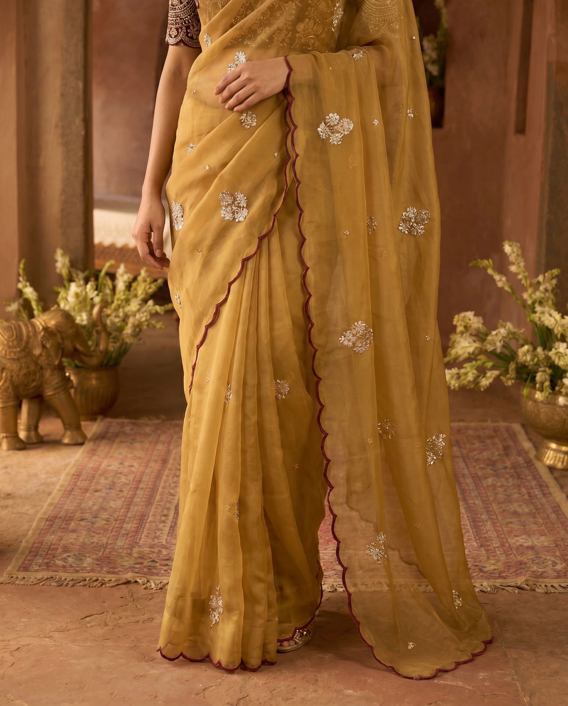 Elegant Mustard Rangoli Tissue Saree with Multi Embroidery Work - output 0 - 05 lower closeup