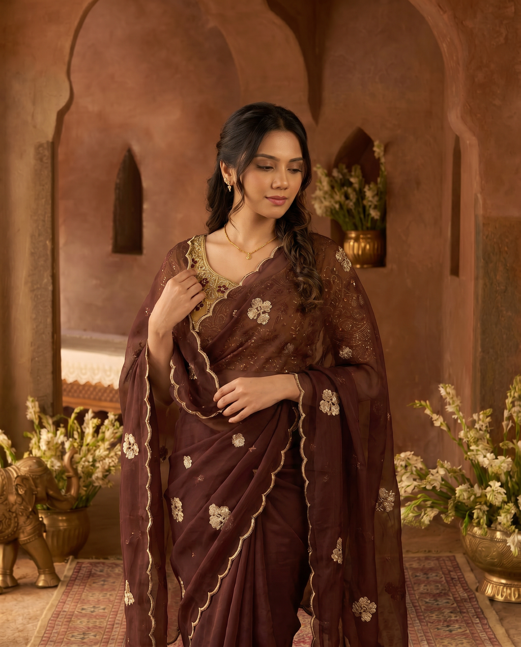 Elegant Mustard Rangoli Tissue Saree with Multi Embroidery Work - output 1 - 04 upper closeup