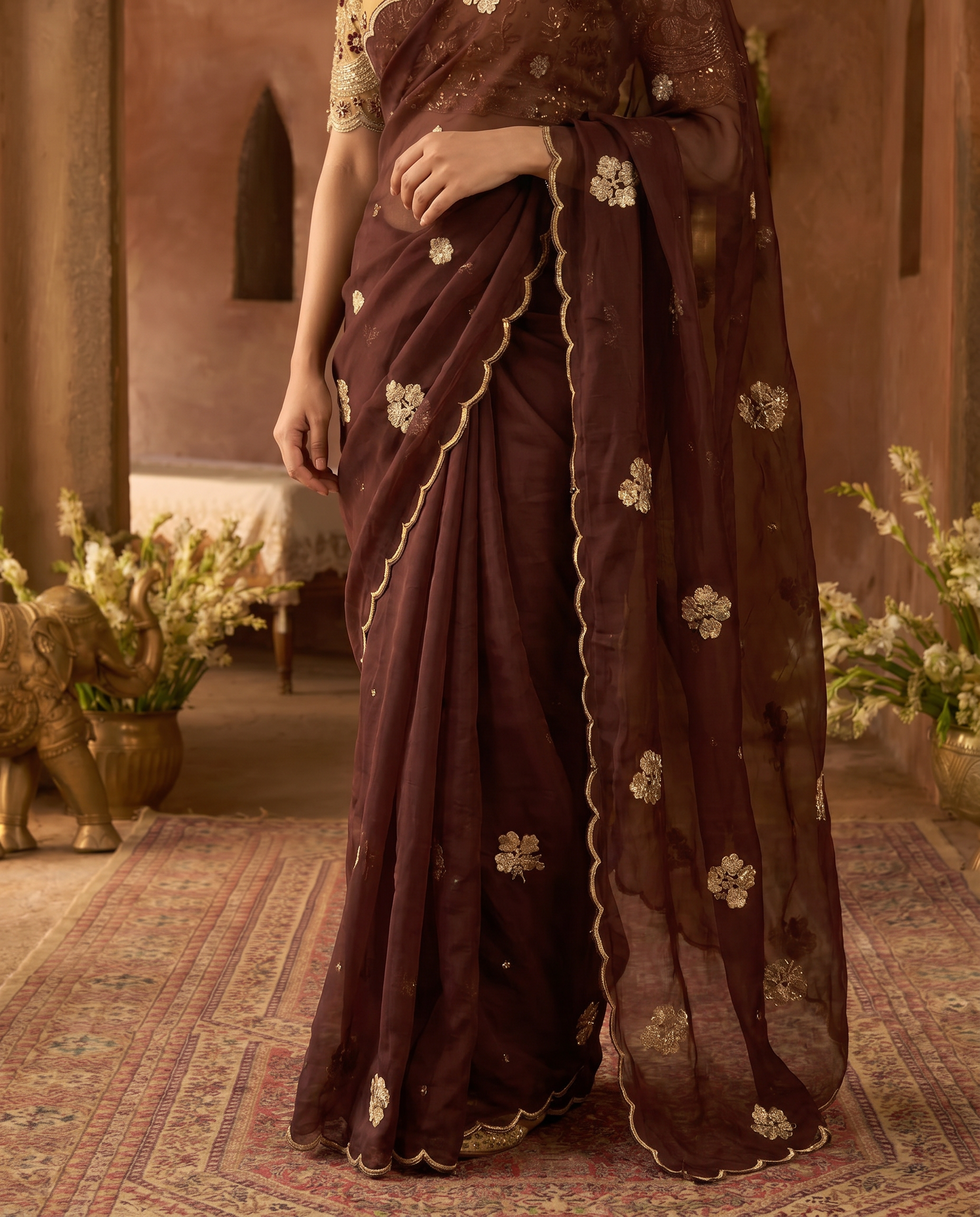 Elegant Mustard Rangoli Tissue Saree with Multi Embroidery Work - output 1 - 05 lower closeup