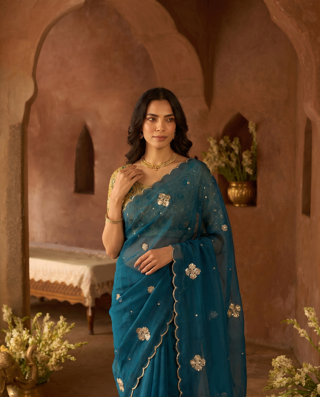Elegant Mustard Rangoli Tissue Saree with Multi Embroidery Work - output 2 - 04 upper closeup