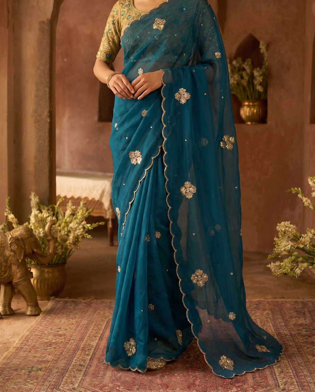 Elegant Mustard Rangoli Tissue Saree with Multi Embroidery Work - output 2 - 05 lower closeup