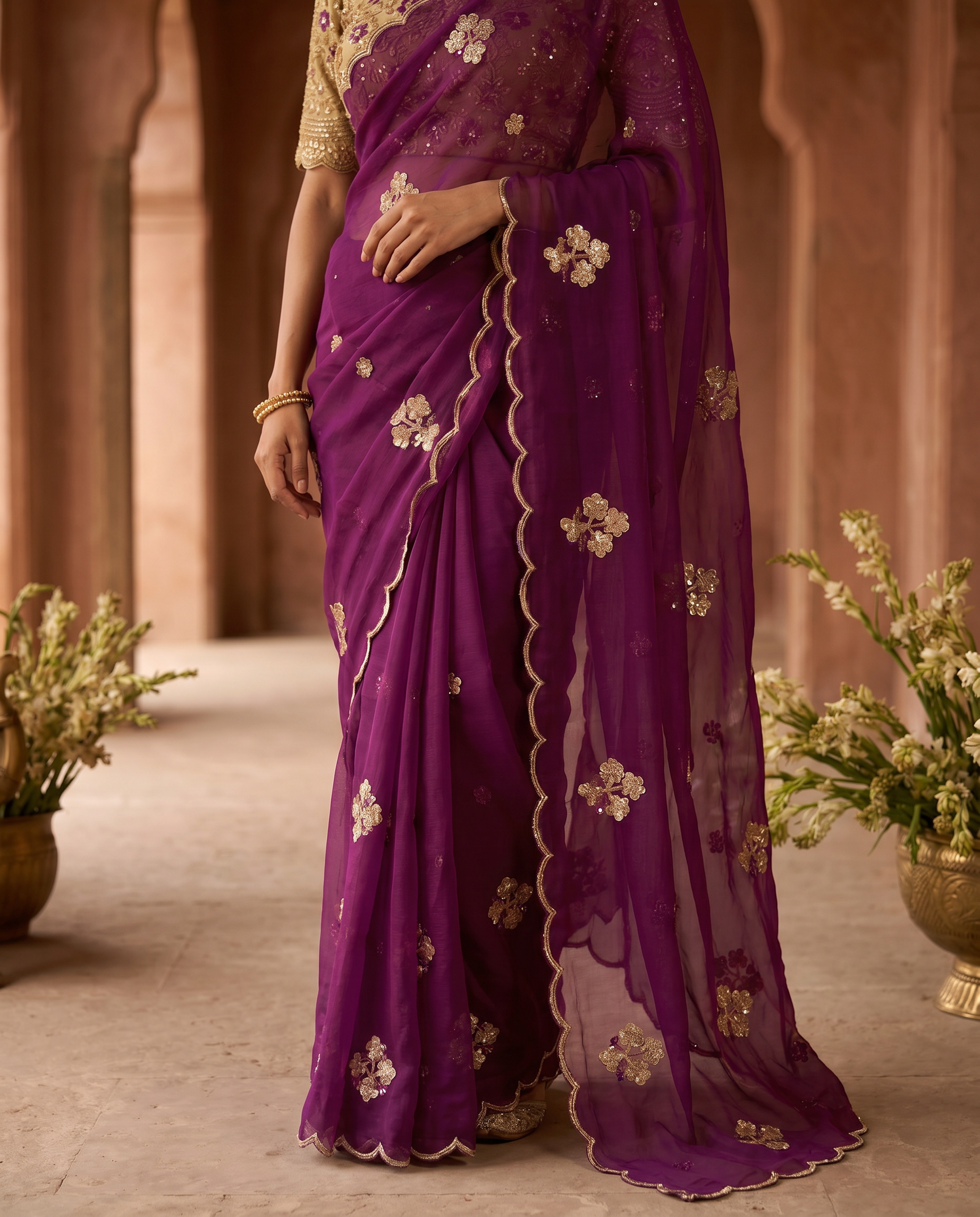 Elegant Mustard Rangoli Tissue Saree with Multi Embroidery Work - output 4 - 05 lower closeup