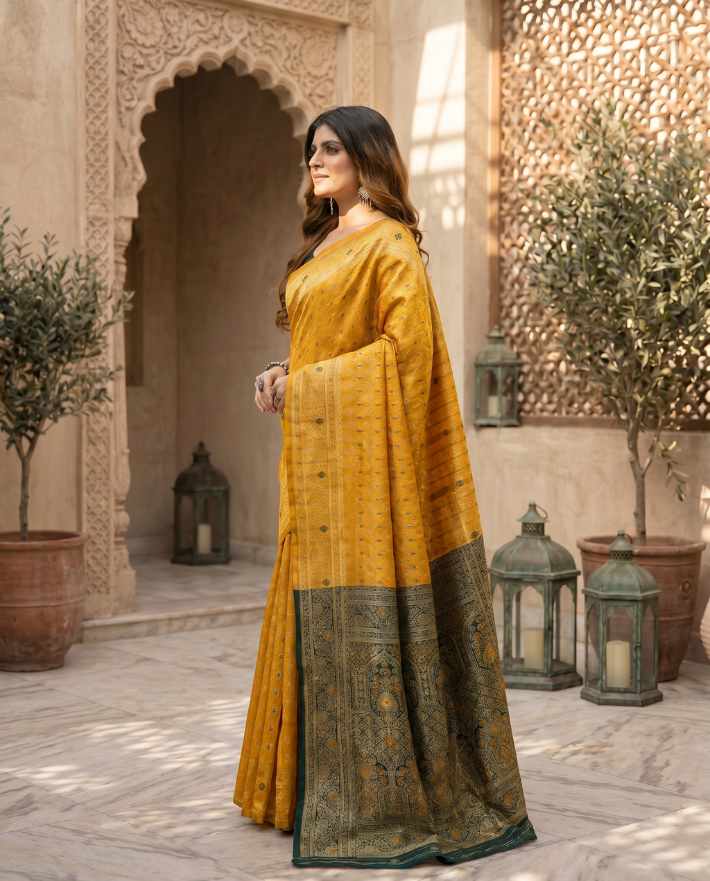 Elegant Mustard Yellow Banarasi Silk Saree with Rich Zari Border - output 0 - 03 side