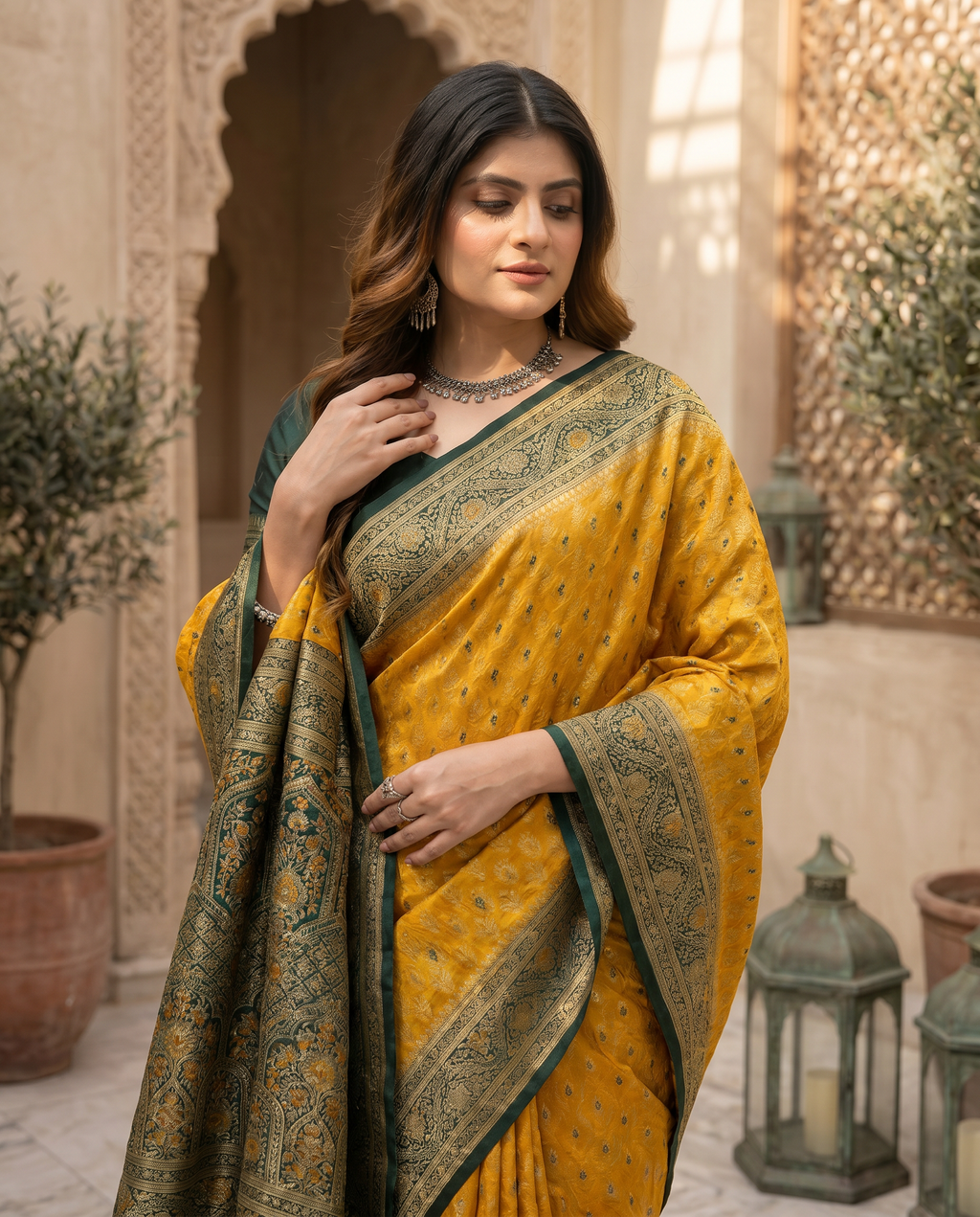 Elegant Mustard Yellow Banarasi Silk Saree with Rich Zari Border - output 0 - 04 upper closeup