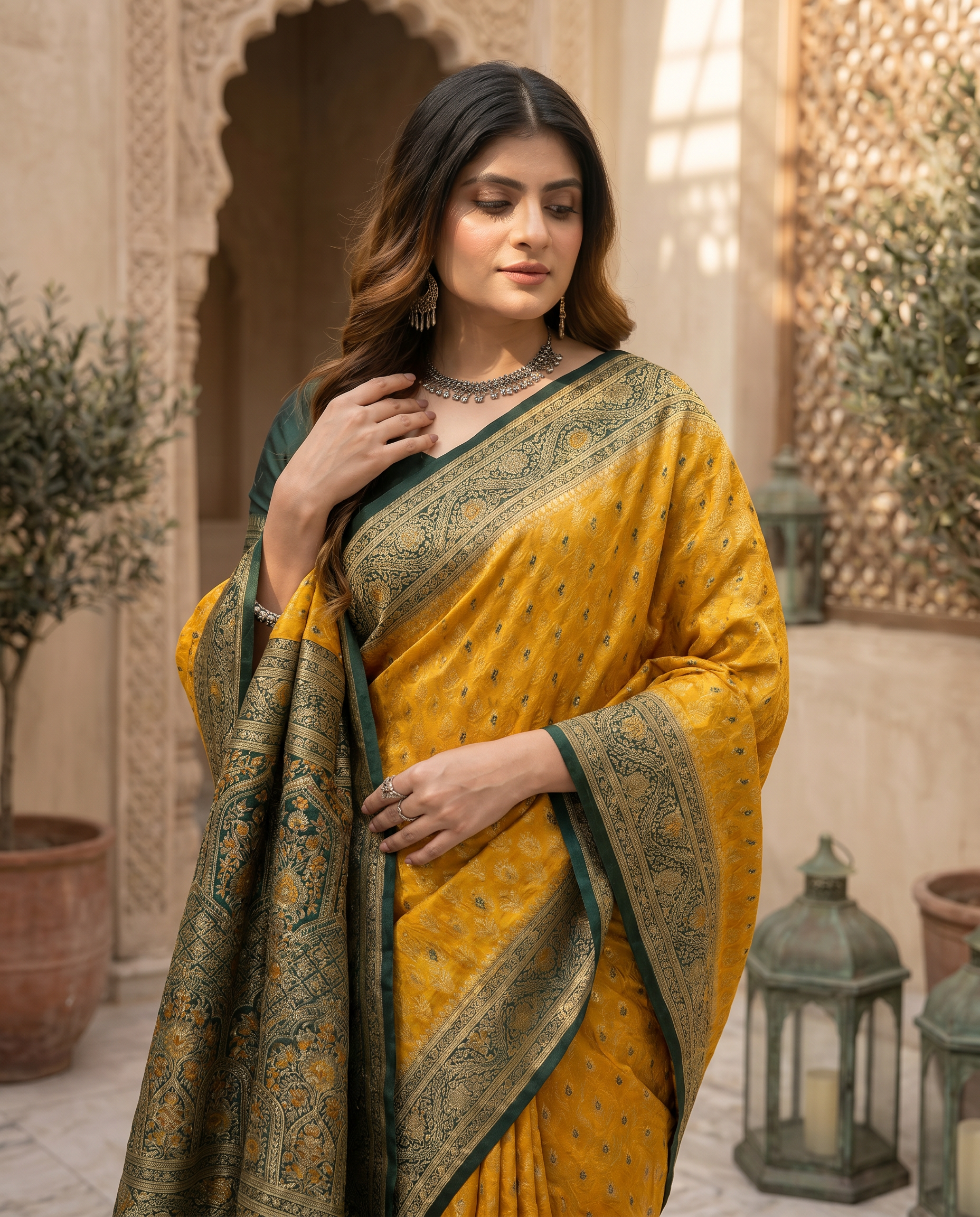 Elegant Mustard Yellow Banarasi Silk Saree with Rich Zari Border - output 0 - 04 upper closeup