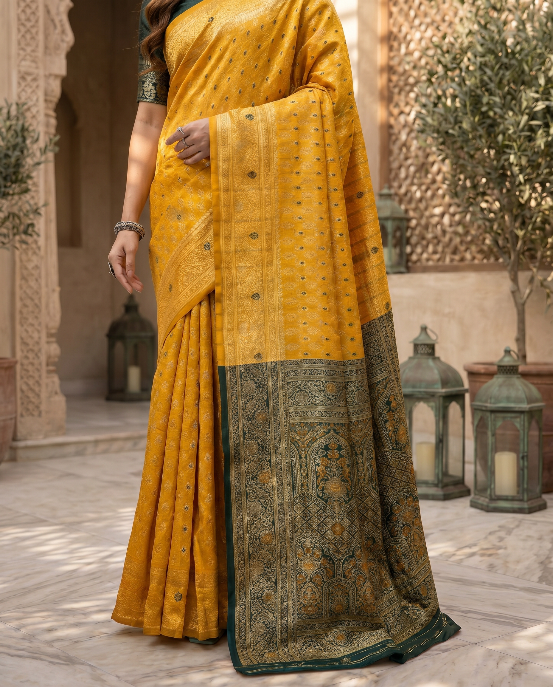 Elegant Mustard Yellow Banarasi Silk Saree with Rich Zari Border - output 0 - 05 lower closeup