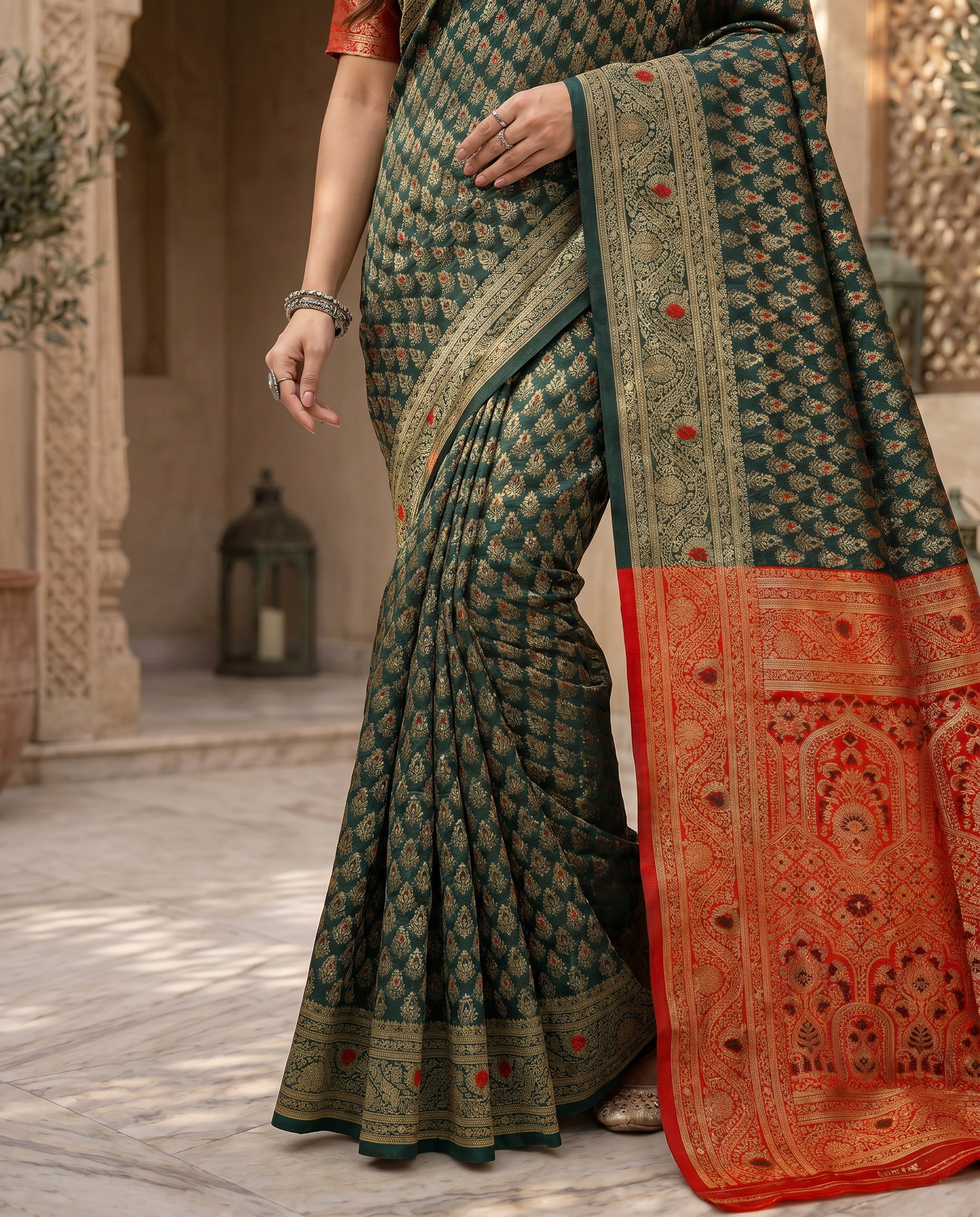Elegant Mustard Yellow Banarasi Silk Saree with Rich Zari Border - output 3 - 05 lower closeup
