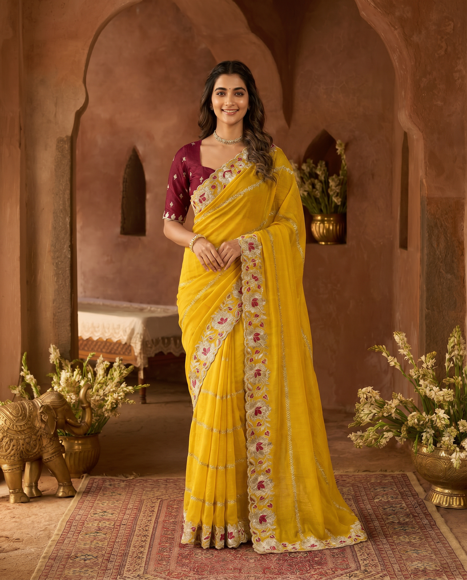 Elegant Mustard Yellow Embroidered Saree with Floral Designer Border – Festive & Party Wear - output 0 - 02 hero