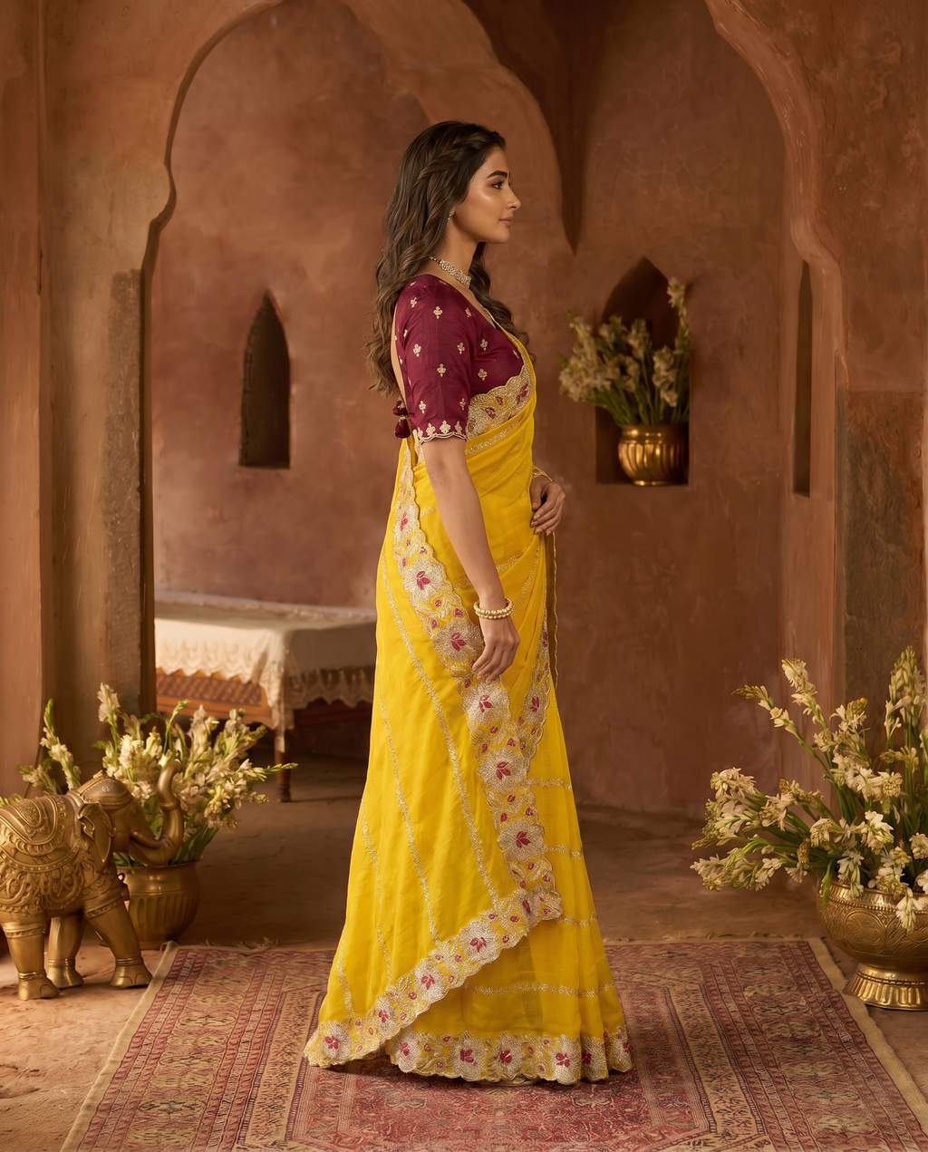 Elegant Mustard Yellow Embroidered Saree with Floral Designer Border – Festive & Party Wear - output 0 - 03 side