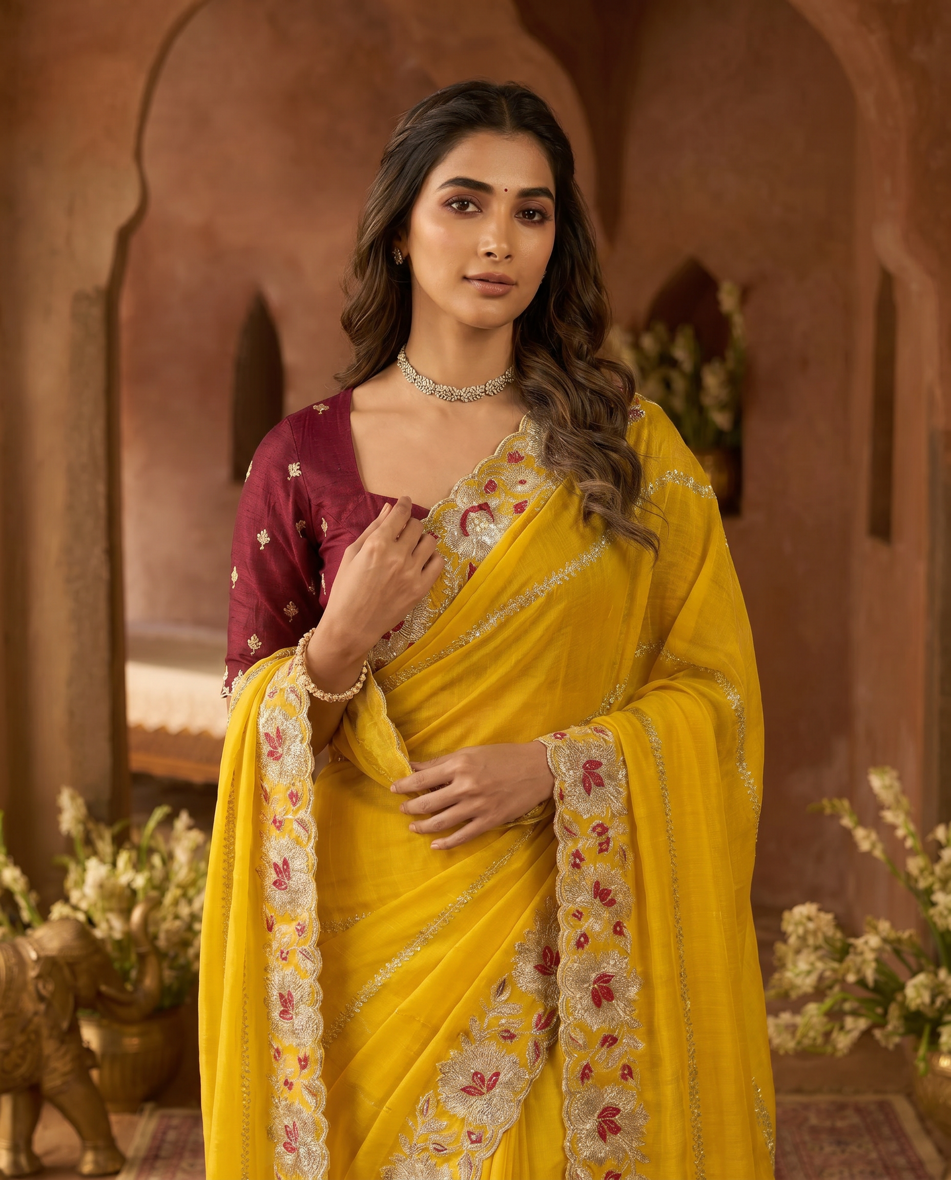 Elegant Mustard Yellow Embroidered Saree with Floral Designer Border – Festive & Party Wear - output 0 - 04 upper closeup
