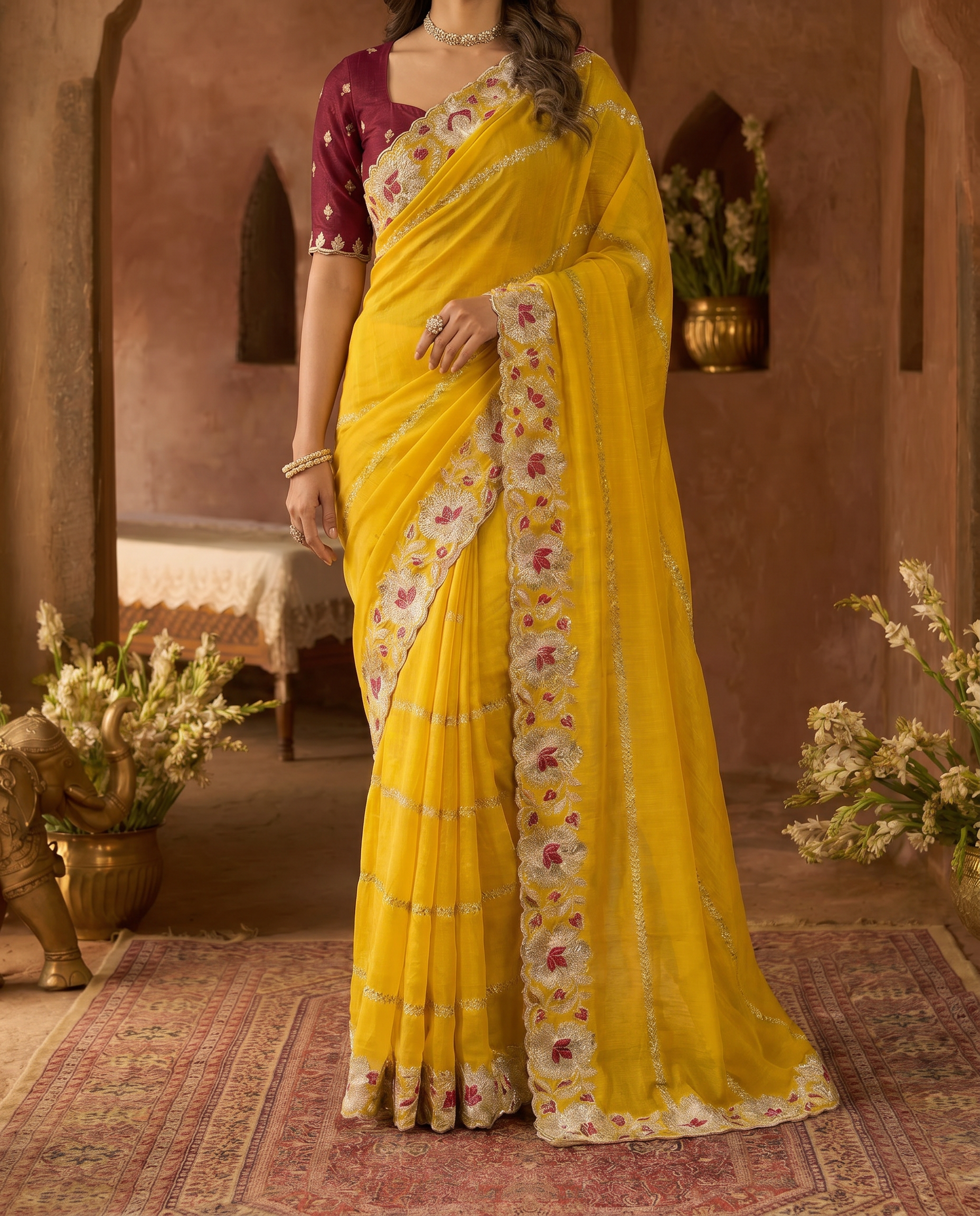 Elegant Mustard Yellow Embroidered Saree with Floral Designer Border – Festive & Party Wear - output 0 - 05 lower closeup