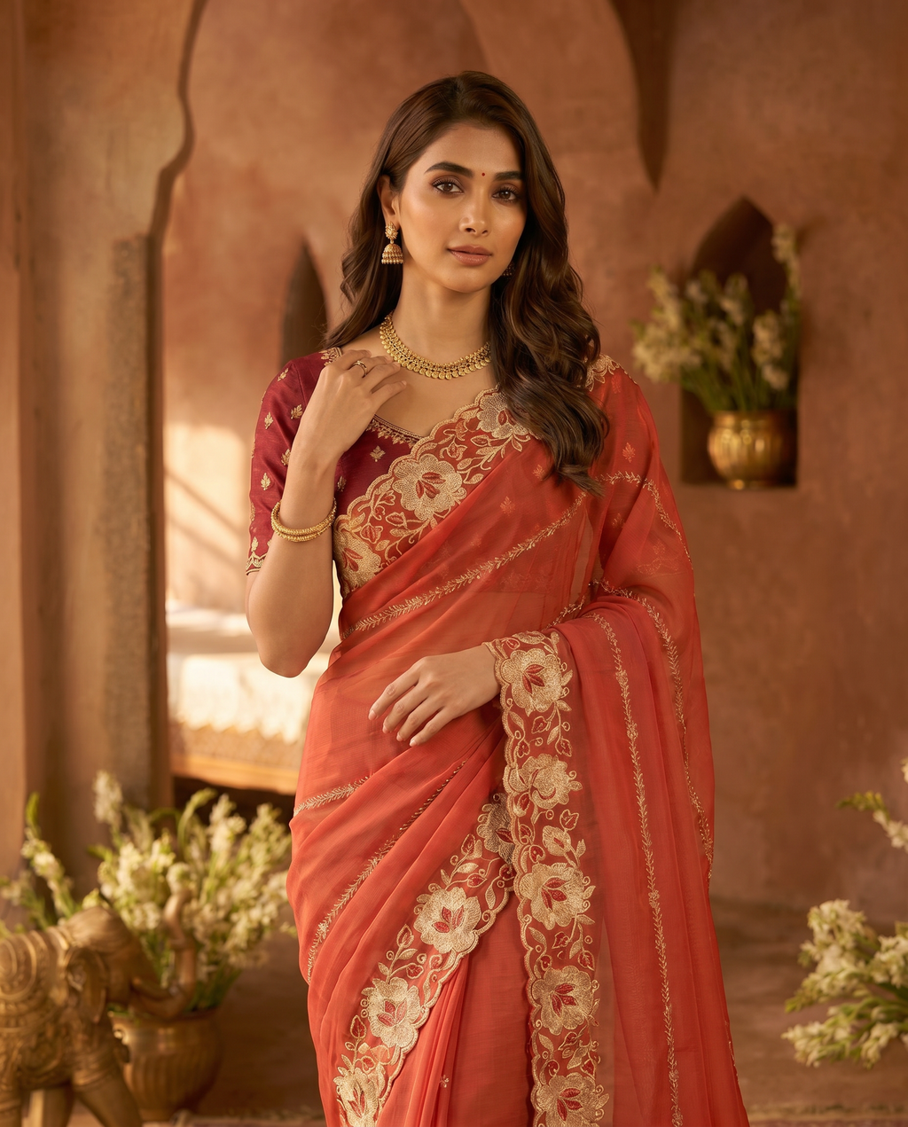 Elegant Mustard Yellow Embroidered Saree with Floral Designer Border – Festive & Party Wear - output 1 - 04 upper closeup