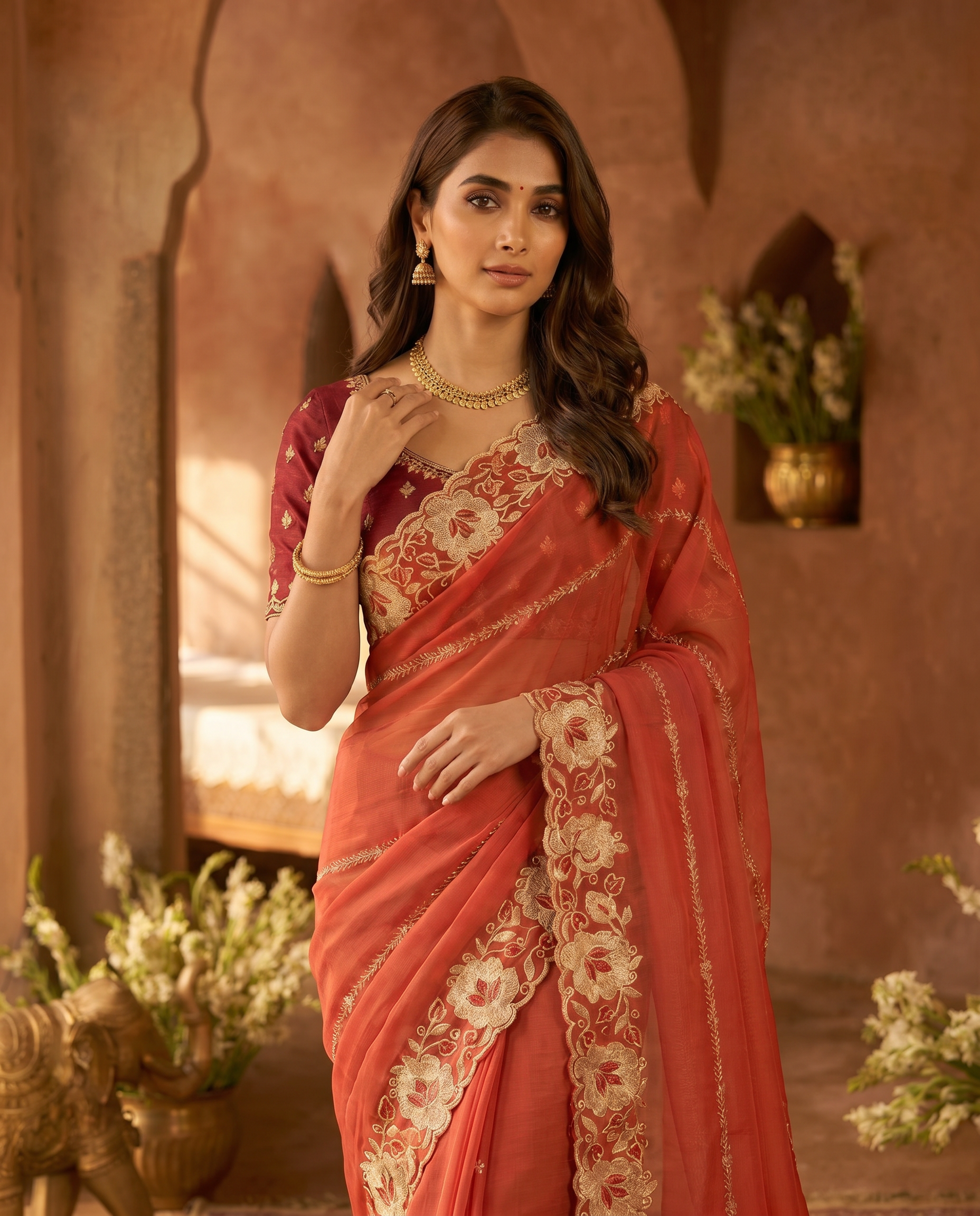 Elegant Mustard Yellow Embroidered Saree with Floral Designer Border – Festive & Party Wear - output 1 - 04 upper closeup