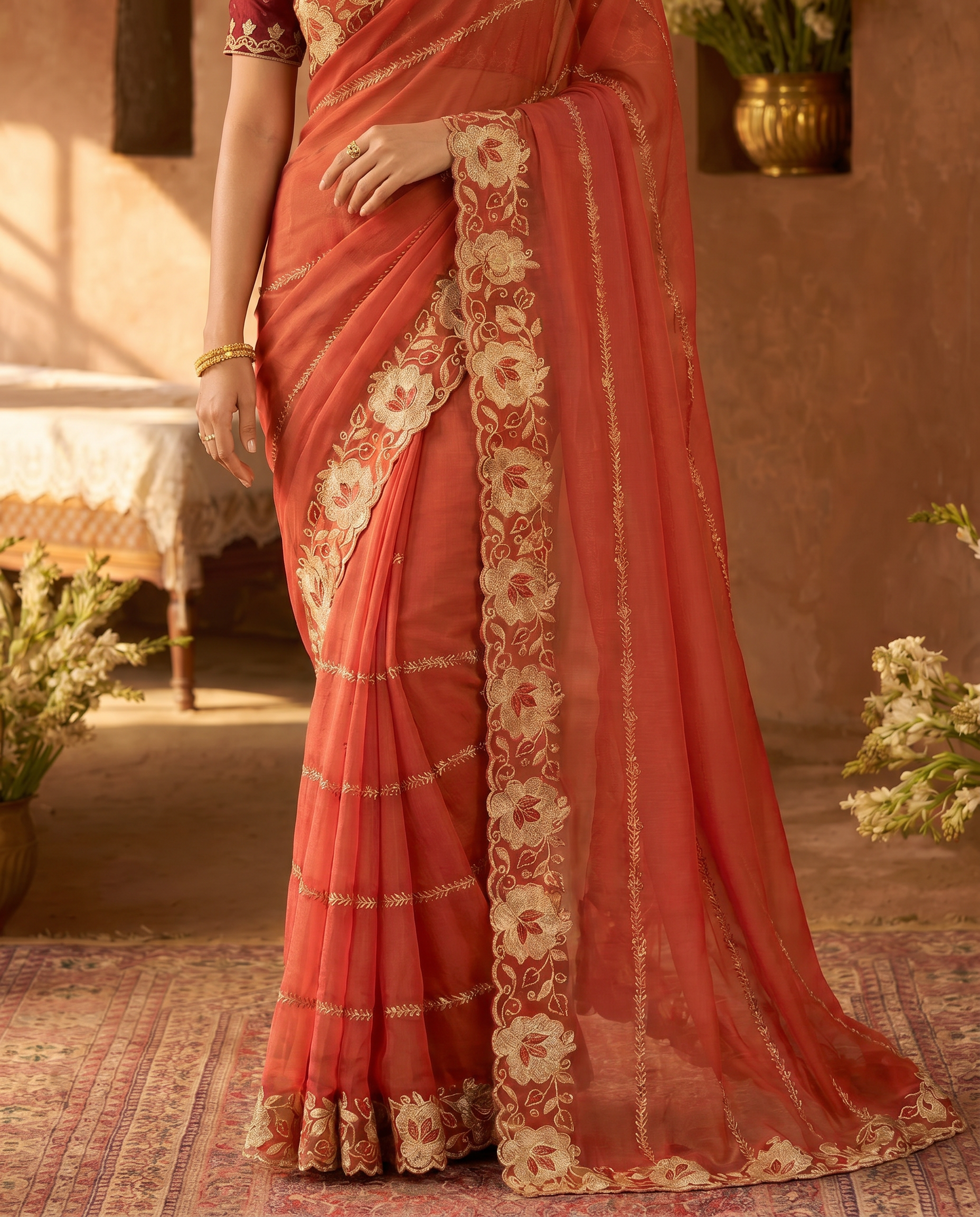Elegant Mustard Yellow Embroidered Saree with Floral Designer Border – Festive & Party Wear - output 1 - 05 lower closeup