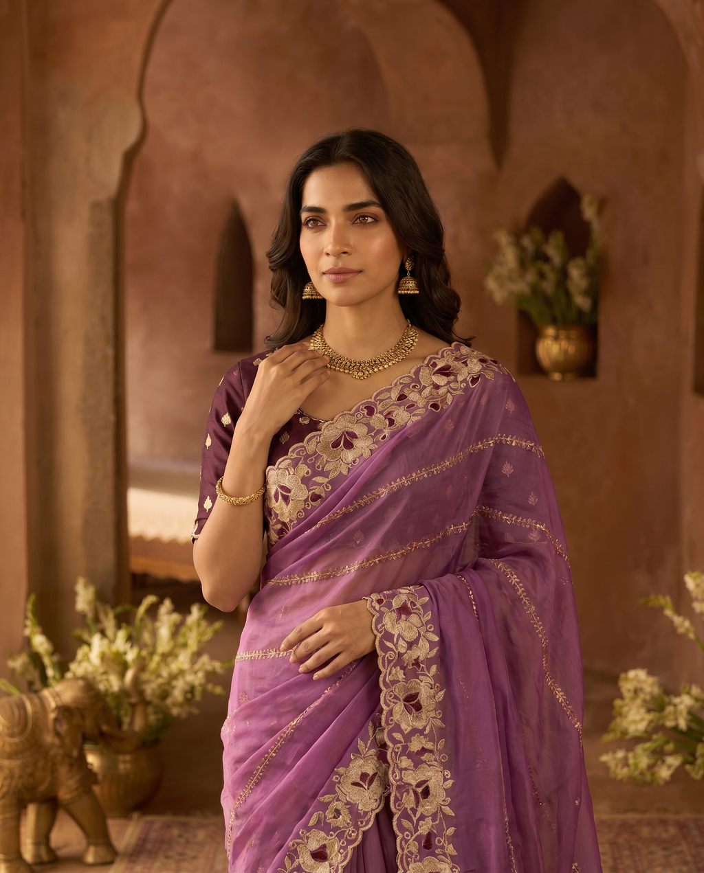 Elegant Mustard Yellow Embroidered Saree with Floral Designer Border – Festive & Party Wear - output 2 - 04 upper closeup