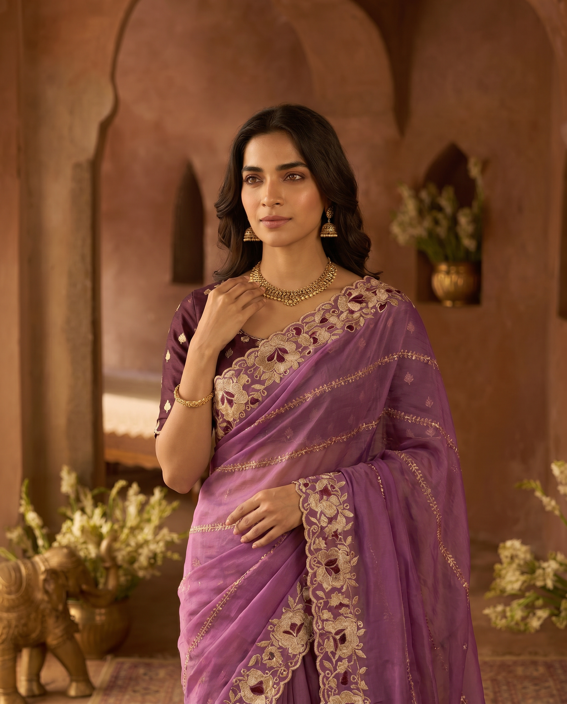 Elegant Mustard Yellow Embroidered Saree with Floral Designer Border – Festive & Party Wear - output 2 - 04 upper closeup
