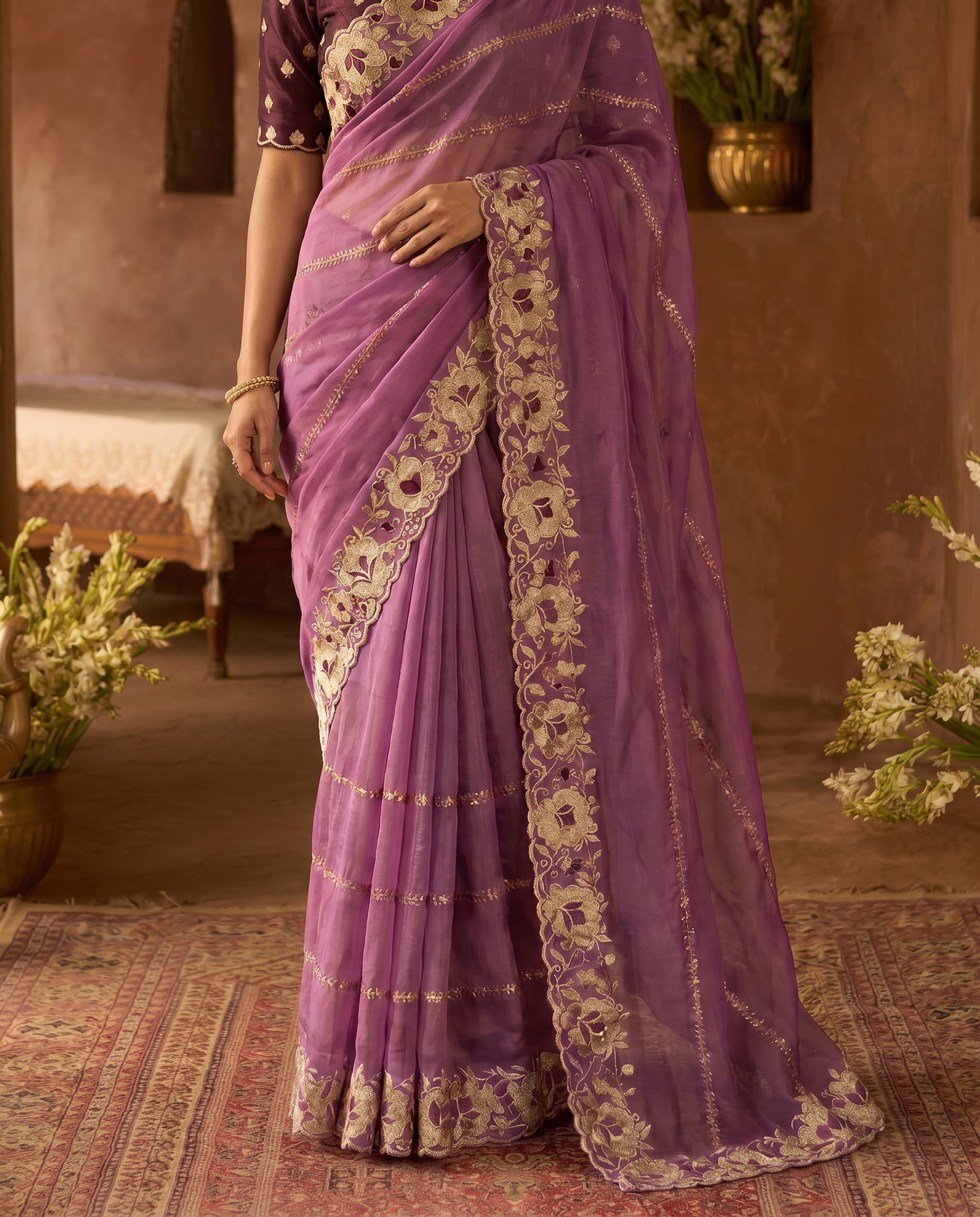 Elegant Mustard Yellow Embroidered Saree with Floral Designer Border – Festive & Party Wear - output 2 - 05 lower closeup