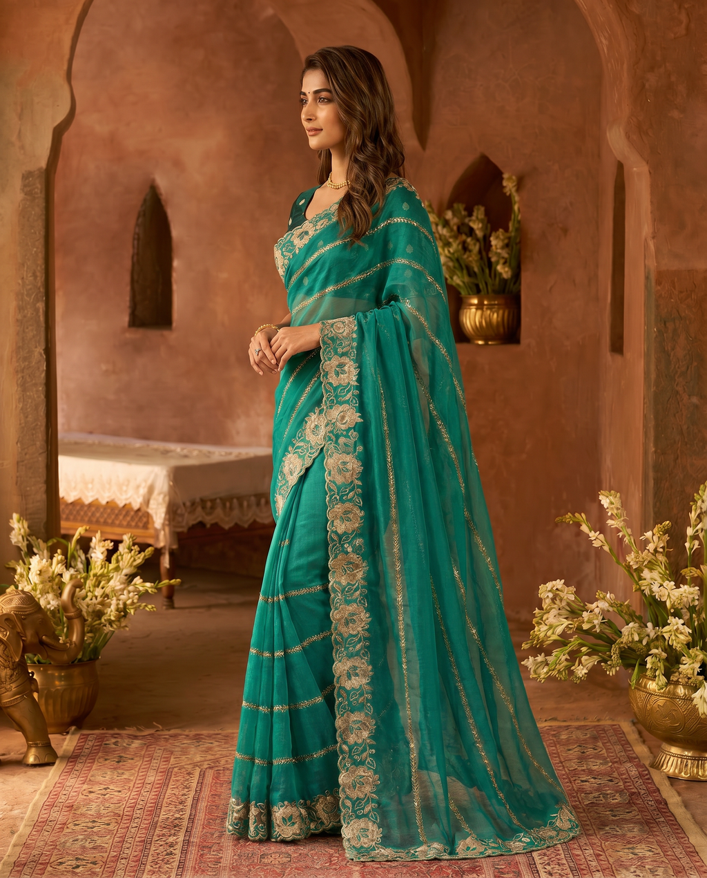 Elegant Mustard Yellow Embroidered Saree with Floral Designer Border – Festive & Party Wear - output 3 - 03 side