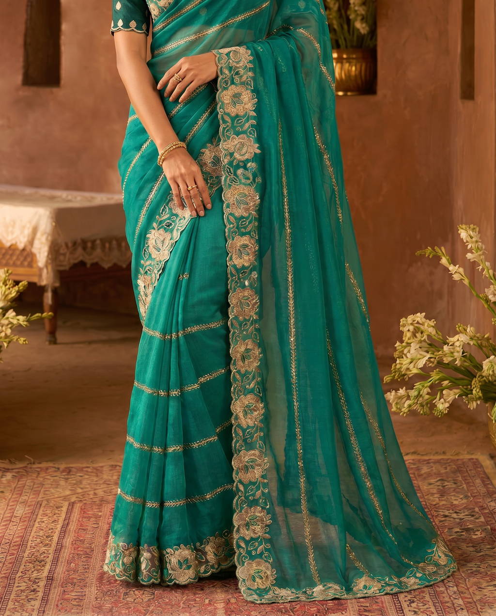 Elegant Mustard Yellow Embroidered Saree with Floral Designer Border – Festive & Party Wear - output 3 - 05 lower closeup