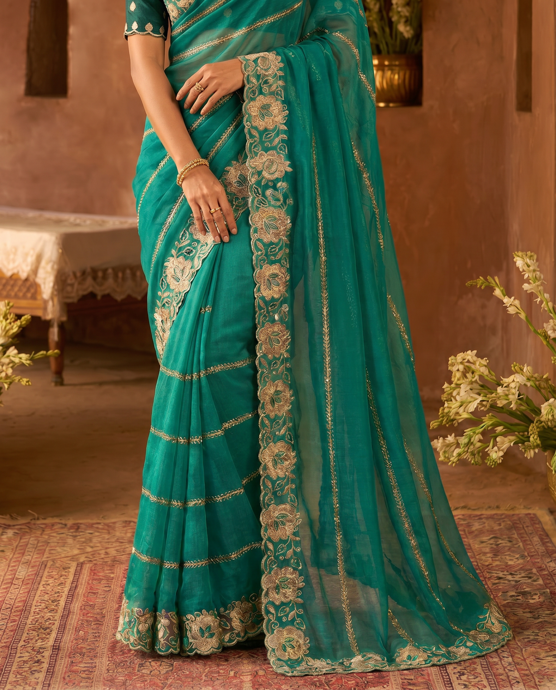 Elegant Mustard Yellow Embroidered Saree with Floral Designer Border – Festive & Party Wear - output 3 - 05 lower closeup