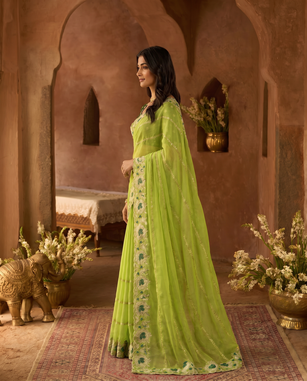Elegant Mustard Yellow Embroidered Saree with Floral Designer Border – Festive & Party Wear - output 4 - 03 side