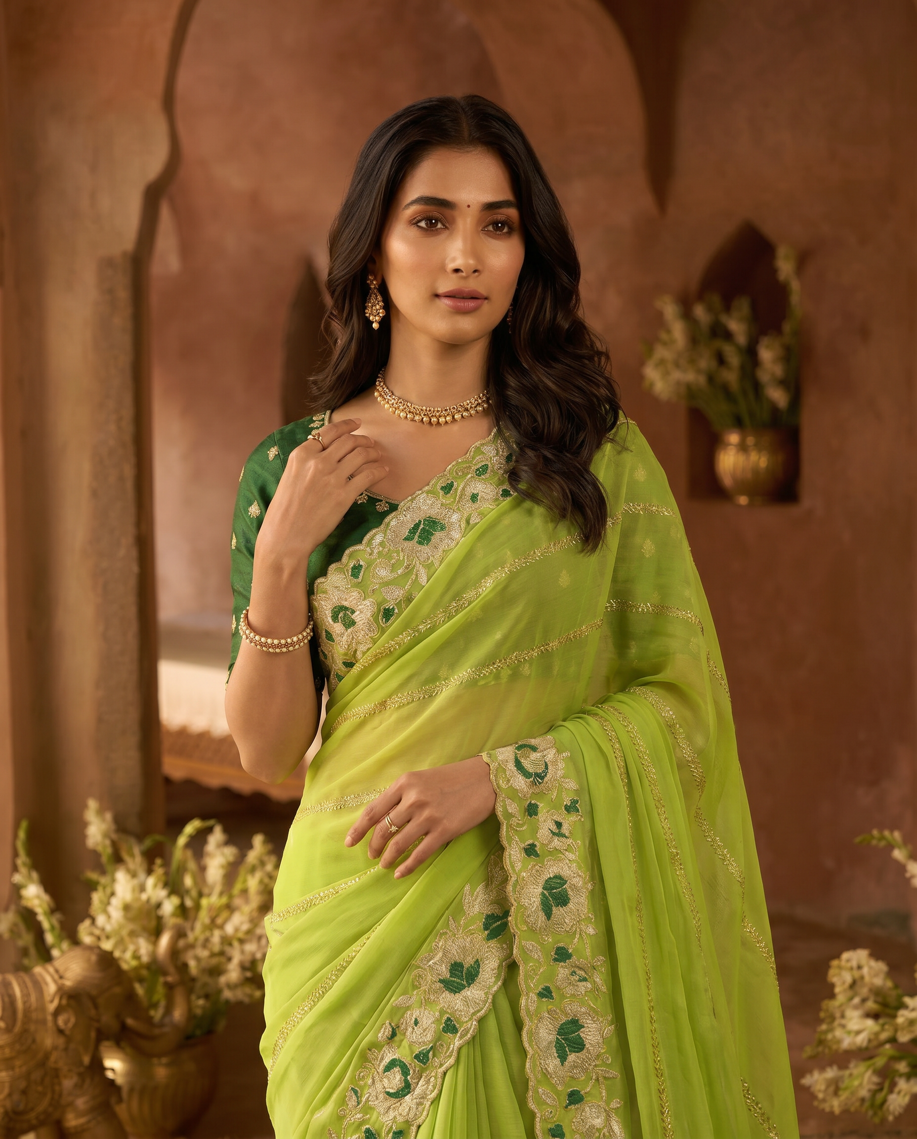 Elegant Mustard Yellow Embroidered Saree with Floral Designer Border – Festive & Party Wear - output 4 - 04 upper closeup