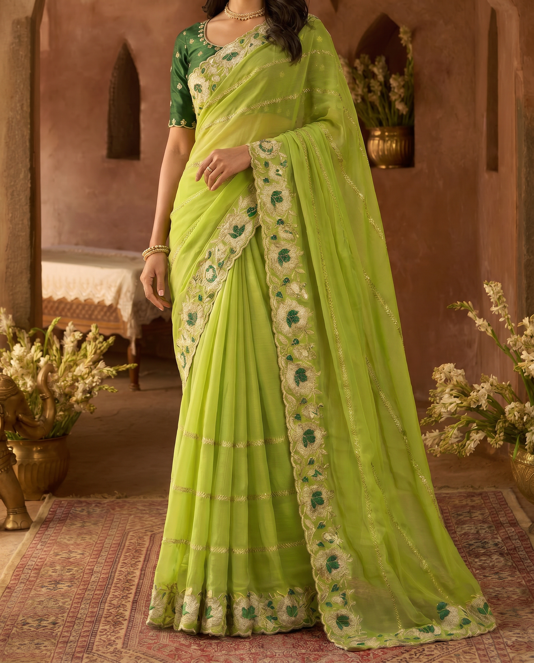 Elegant Mustard Yellow Embroidered Saree with Floral Designer Border – Festive & Party Wear - output 4 - 05 lower closeup