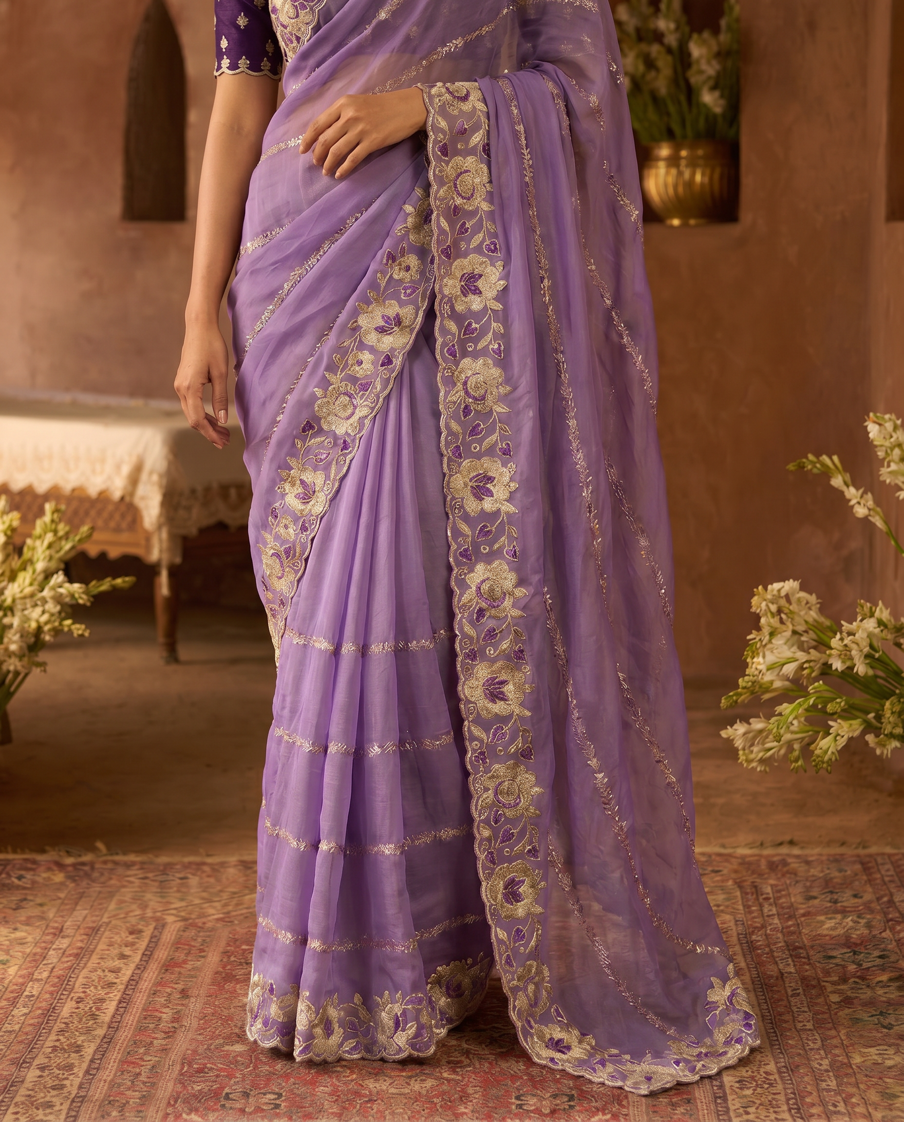 Elegant Mustard Yellow Embroidered Saree with Floral Designer Border – Festive & Party Wear - output 5 - 05 lower closeup
