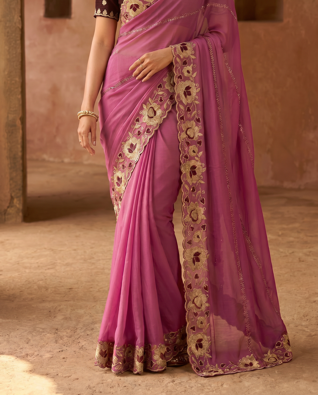 Elegant Mustard Yellow Embroidered Saree with Floral Designer Border – Festive & Party Wear - output 6 - 05 lower closeup