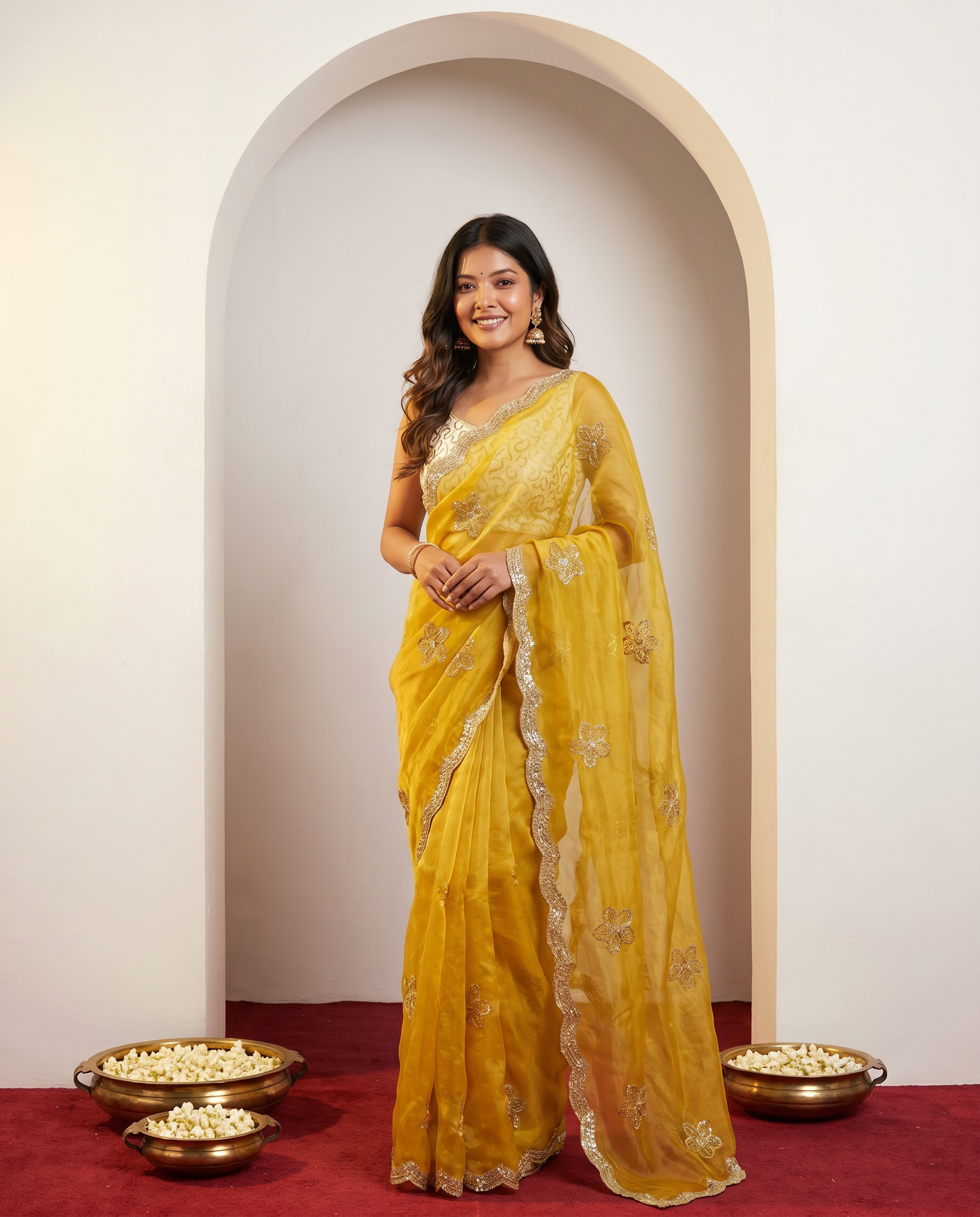 Elegant Mustard Yellow Embroidered Saree with Golden Designer Border – Festive & Party Wear - output 0 - 02 hero