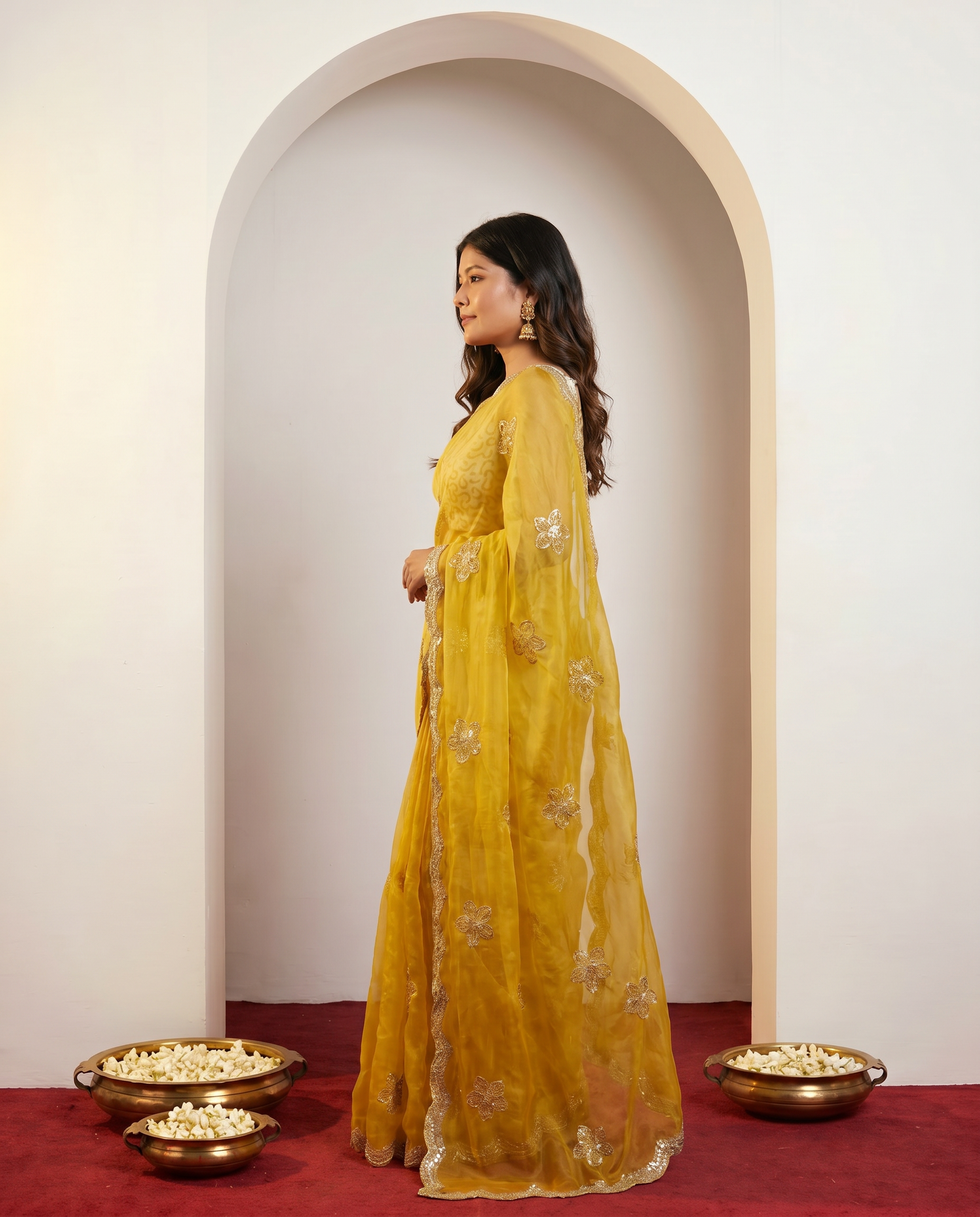 Elegant Mustard Yellow Embroidered Saree with Golden Designer Border – Festive & Party Wear - output 0 - 03 side